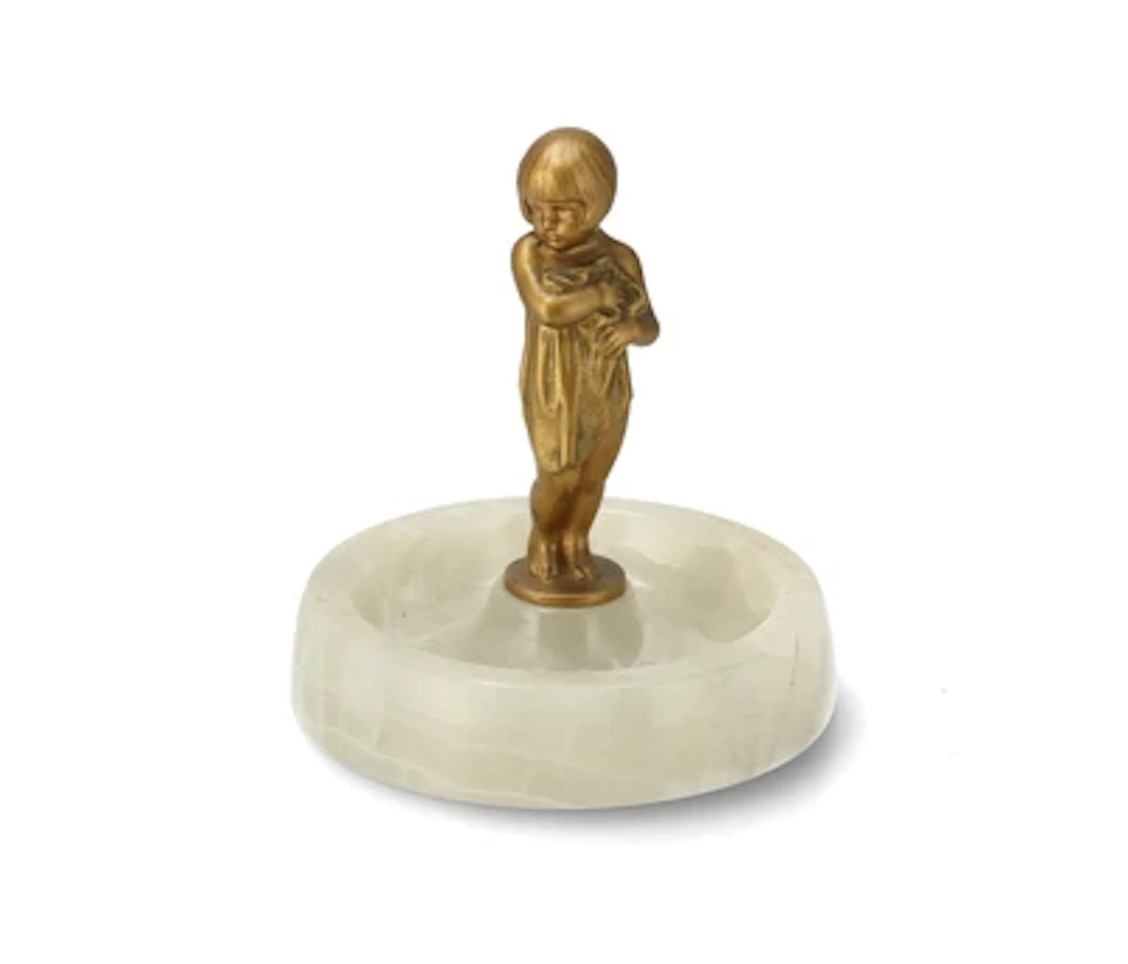 A bronze figure: girl with a cloth, on a stone base (ashtray), c. 1920/30