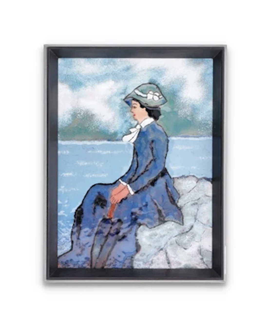 An enamel picture of a lady in profile seated on the shore, c. 1900/15