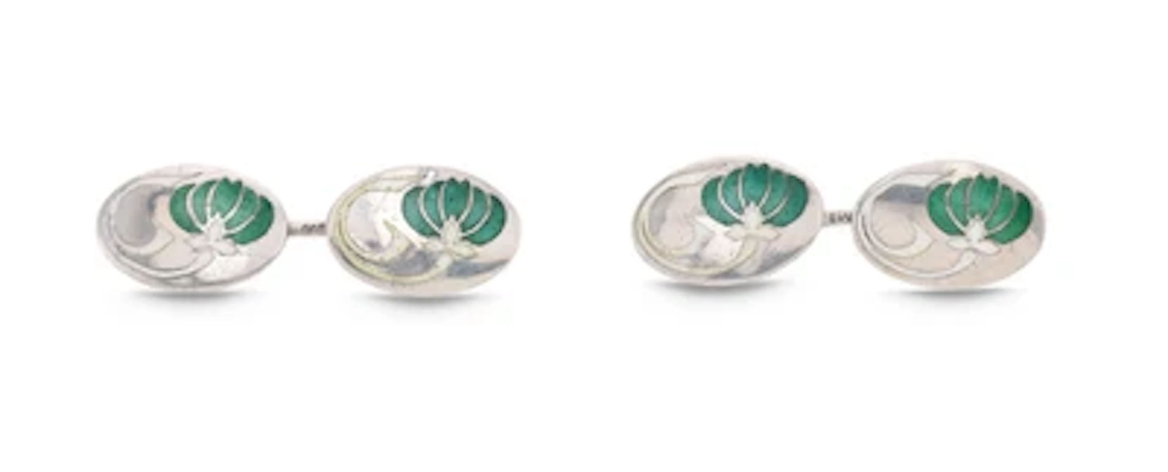 Two silver cufflinks with enamelled water-lily decoration, c. 1900