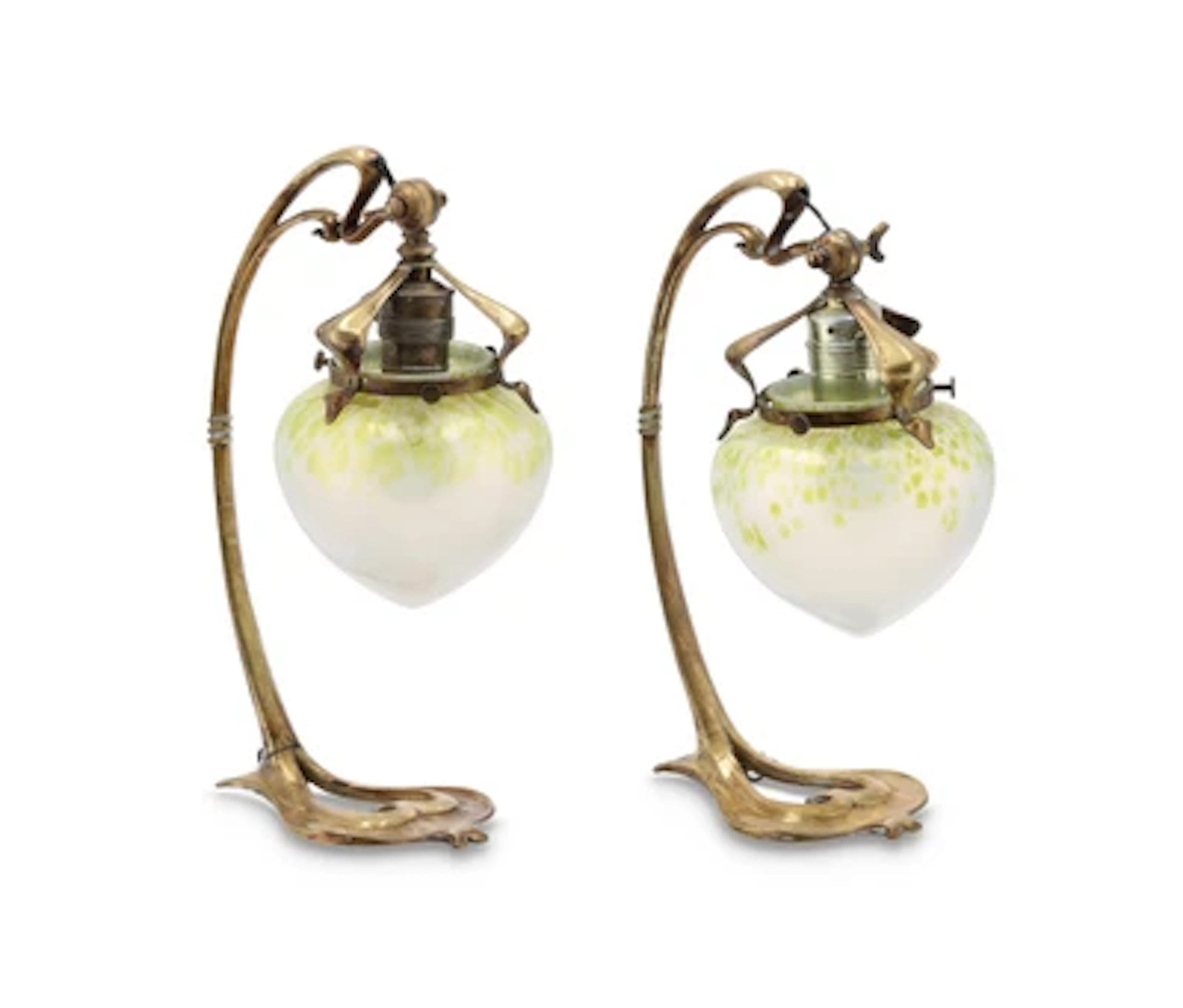 Two brass table lamps with Bohemian glass shades, c. 1900