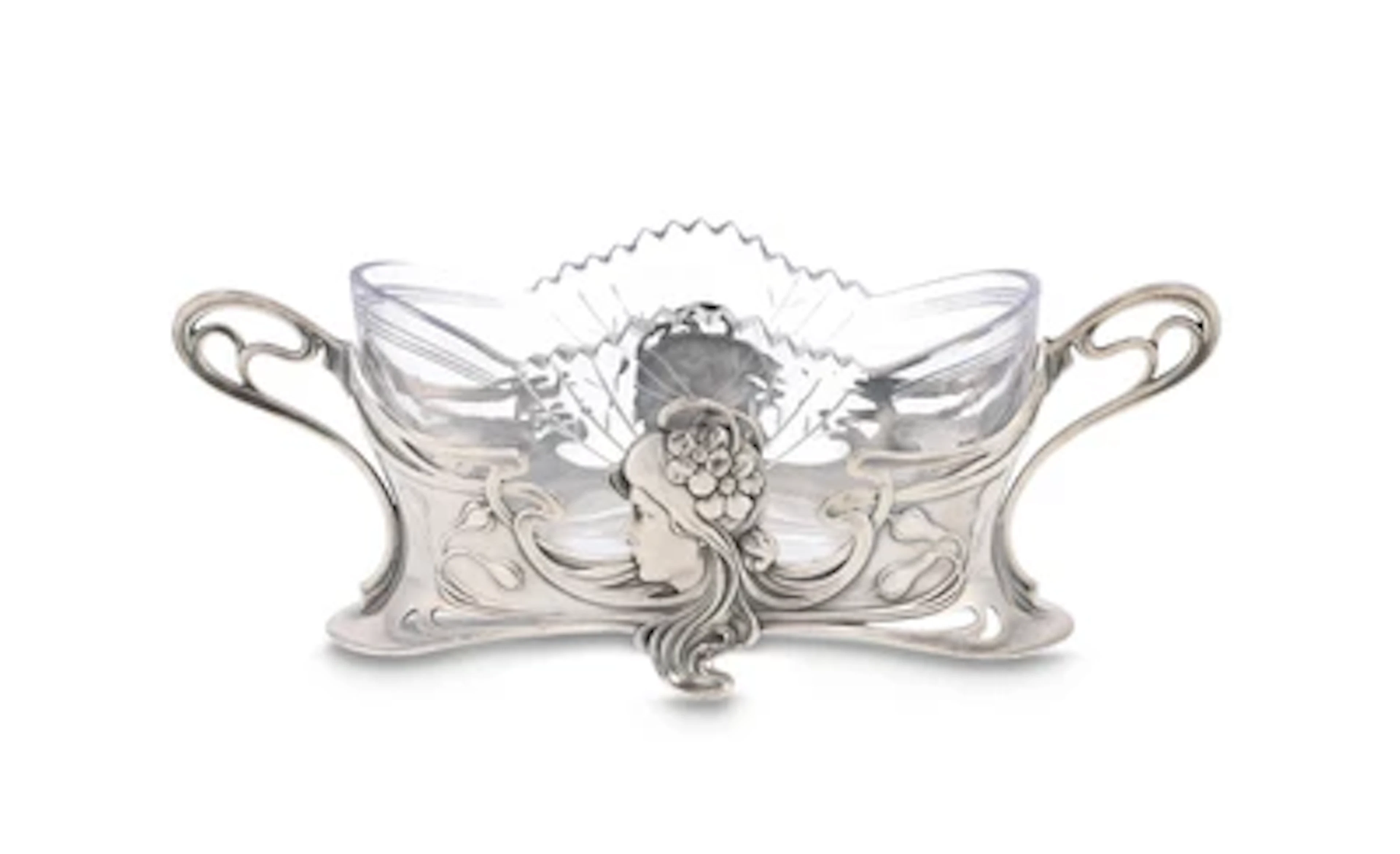A silver-plated jardinière with female head in profile, Württembergische