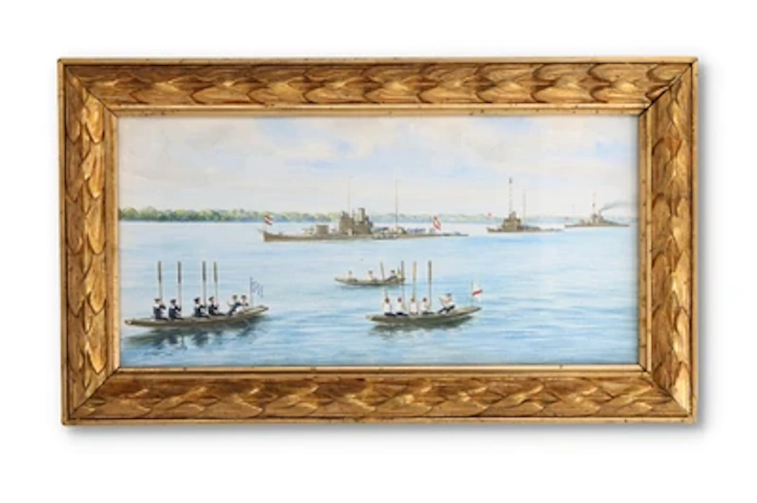 K. u. k. Kriegsmarine - Donauflottille, Aquarell einer kleinen Flottenparade