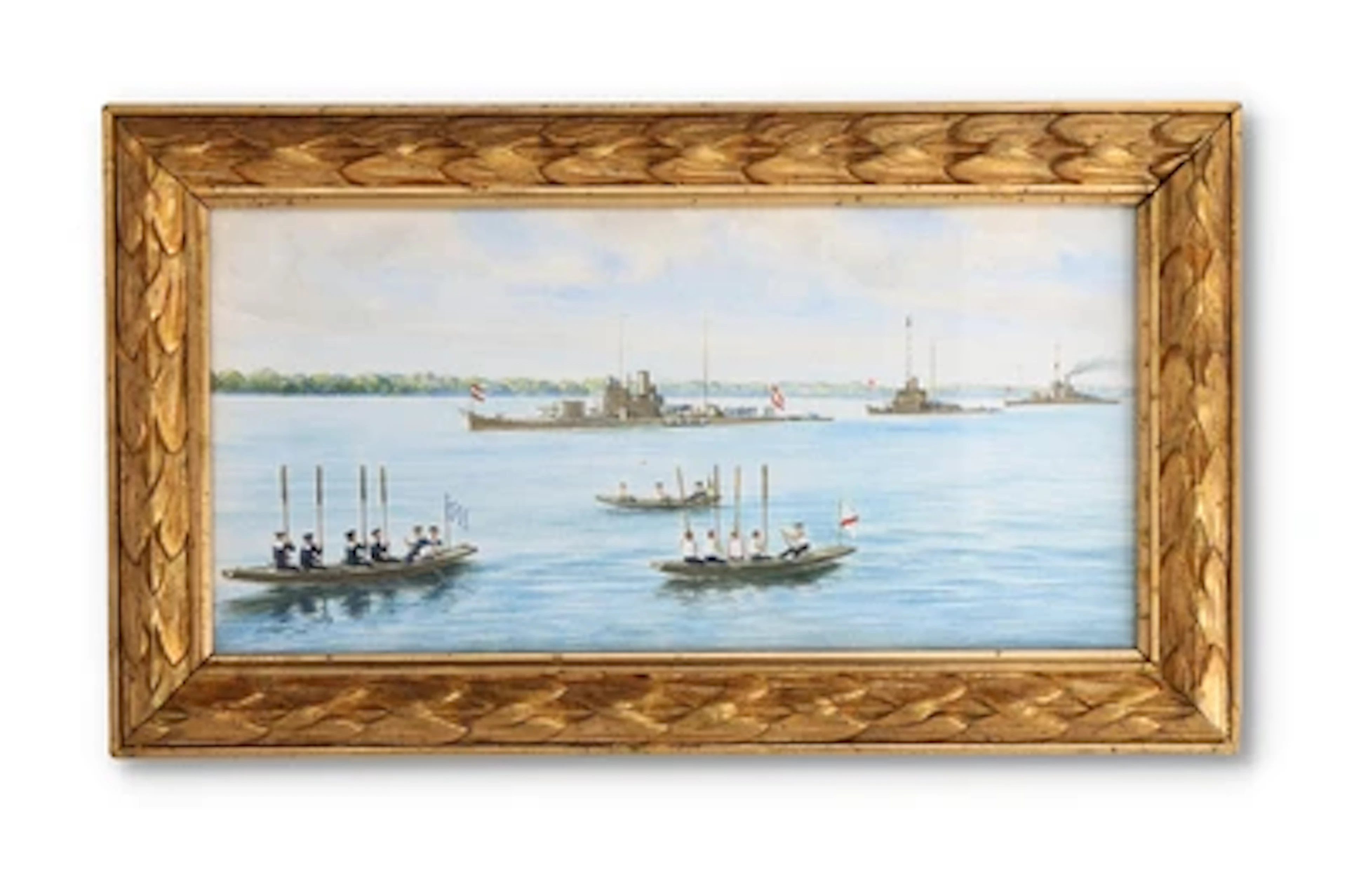K. u. k. Kriegsmarine - Donauflottille, Aquarell einer kleinen Flottenparade