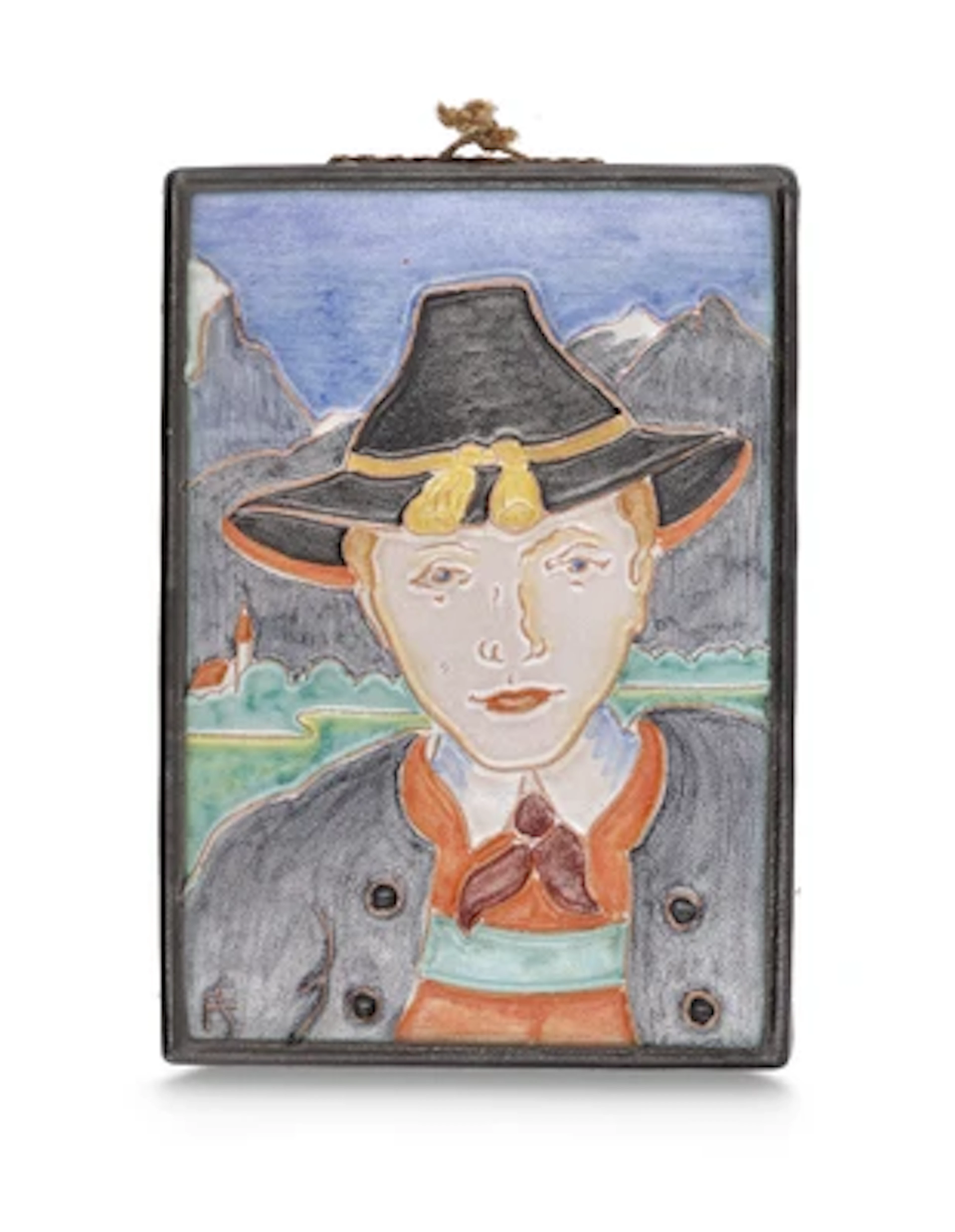 Franz Schleiss, a wall tile: man in traditional costume before a mountain