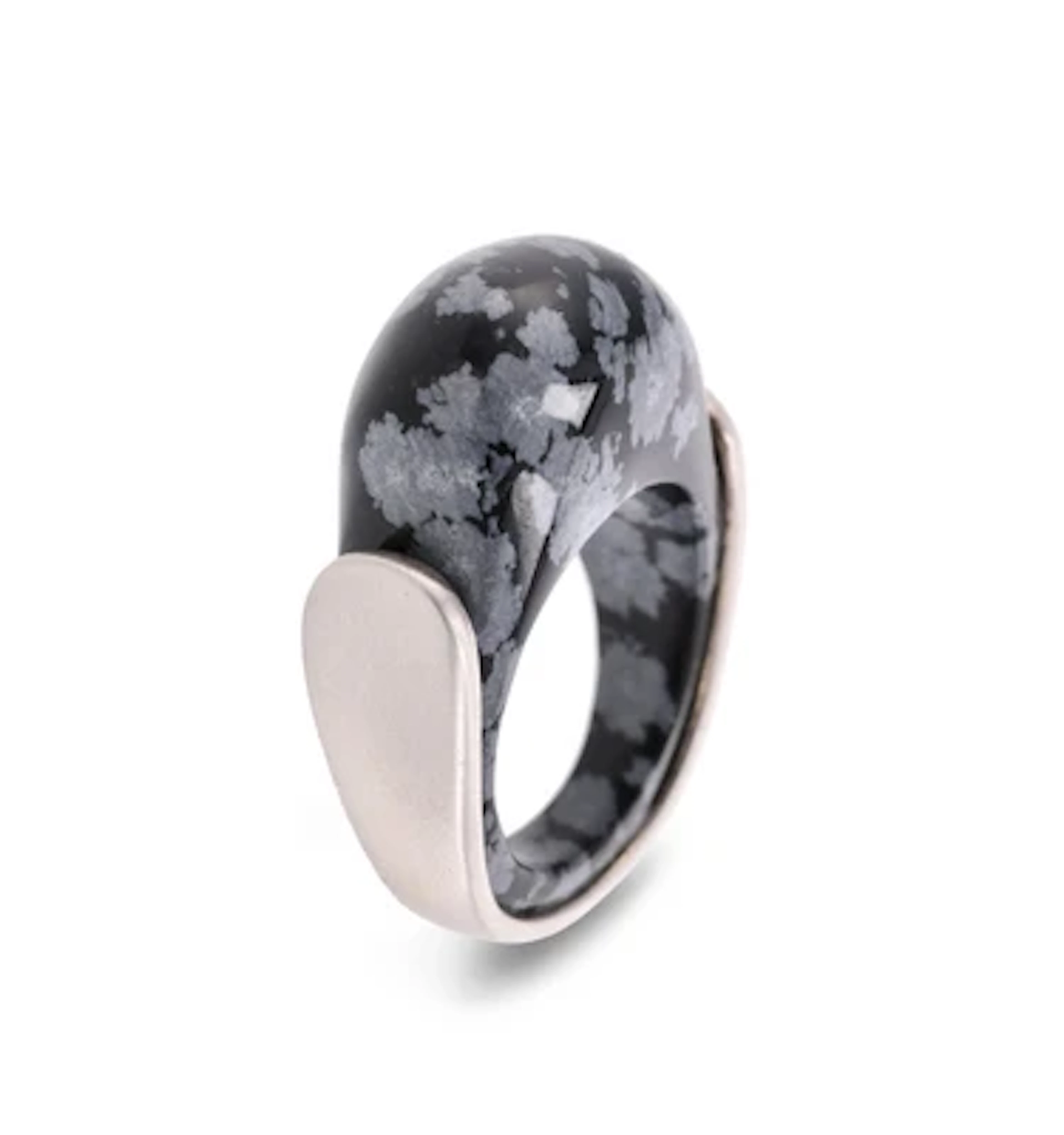 Ring in modernistischem Stil mit Schiene aus Sterlingsilber und Schneeflockenobsidian