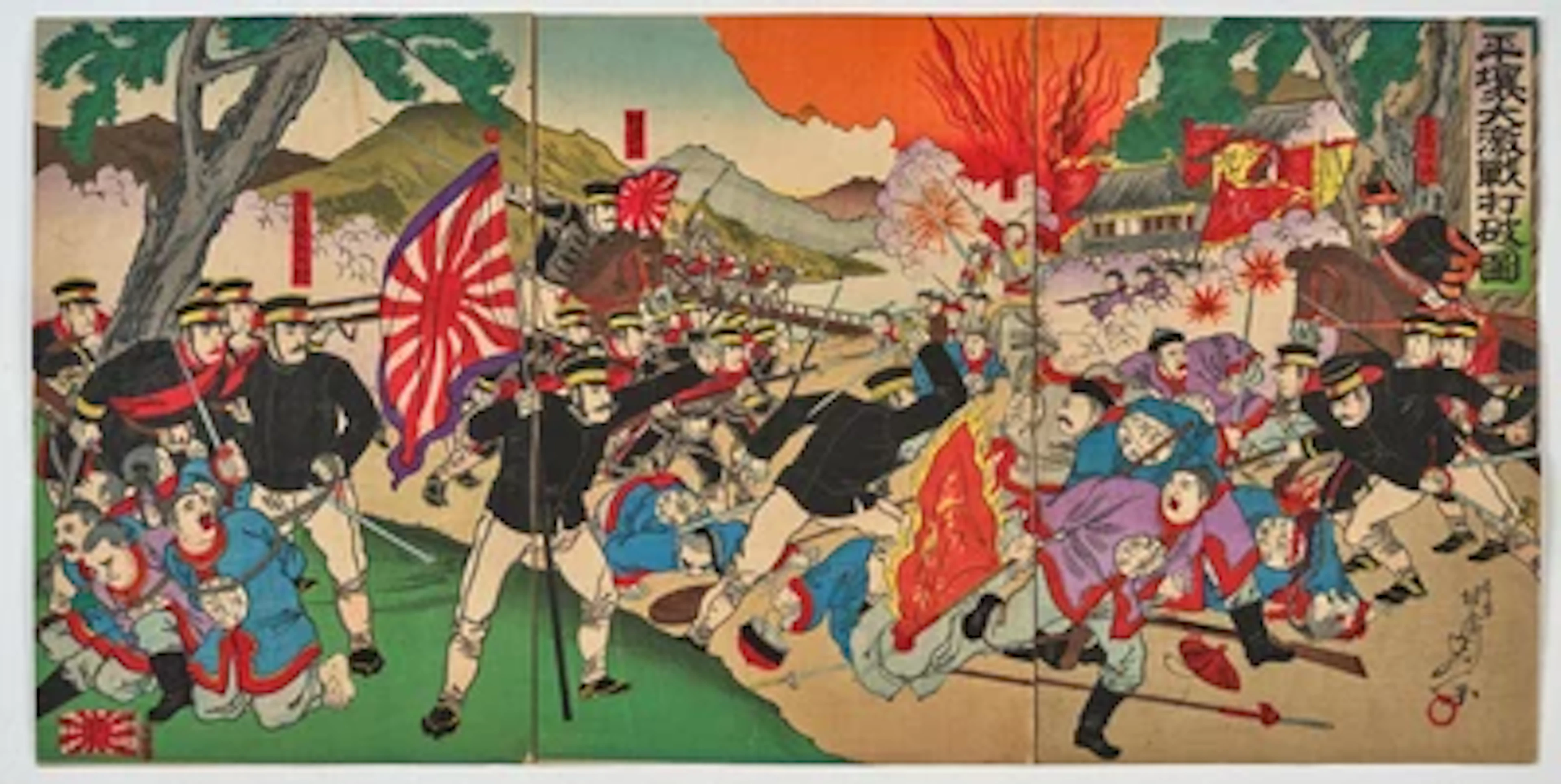 Watanabe Nobukazu (1874-1944) Triptych, Heijo daigekisen dahazou