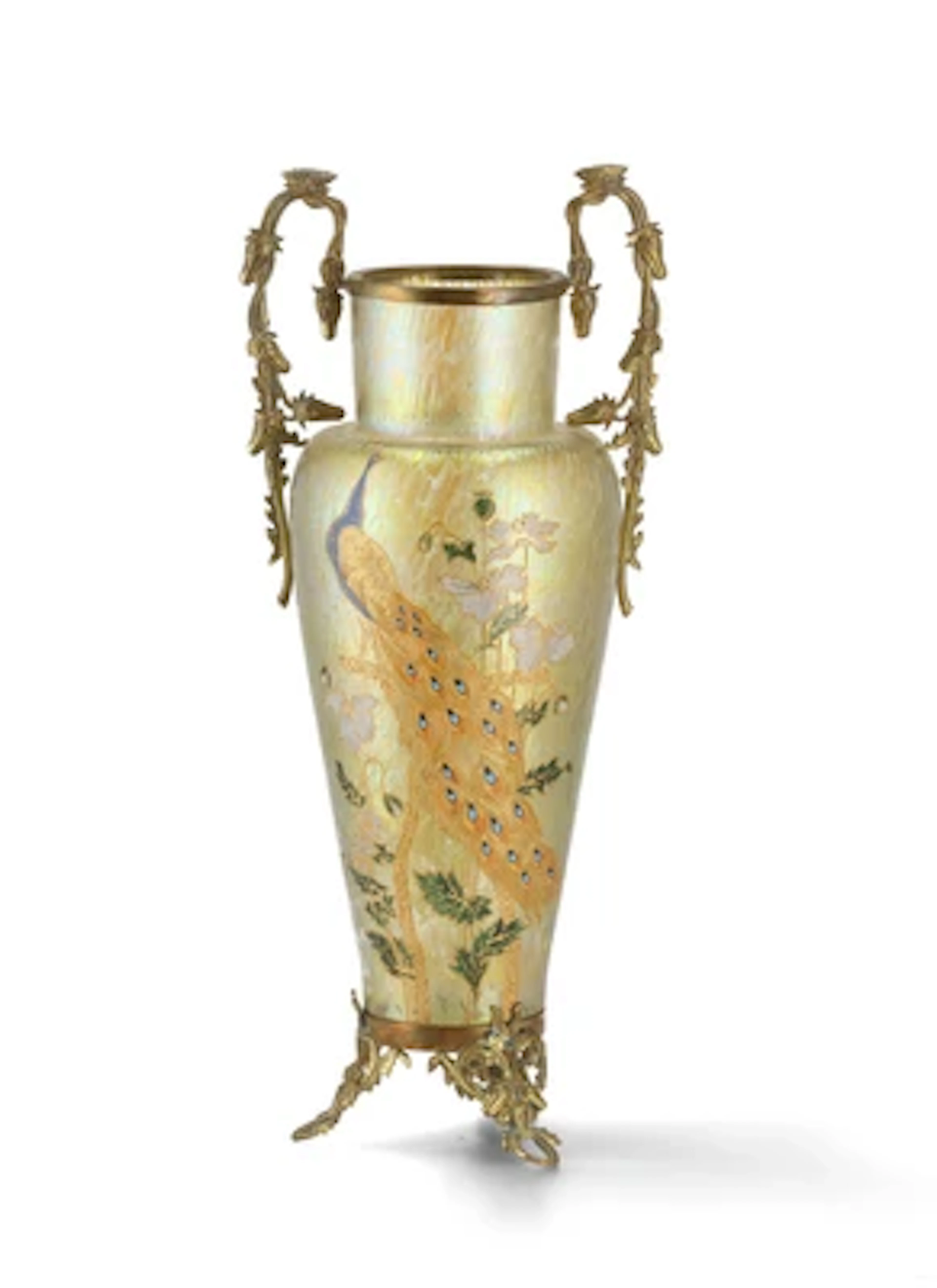 A vase with enamelled and gilt peacock decoration and floral motifs