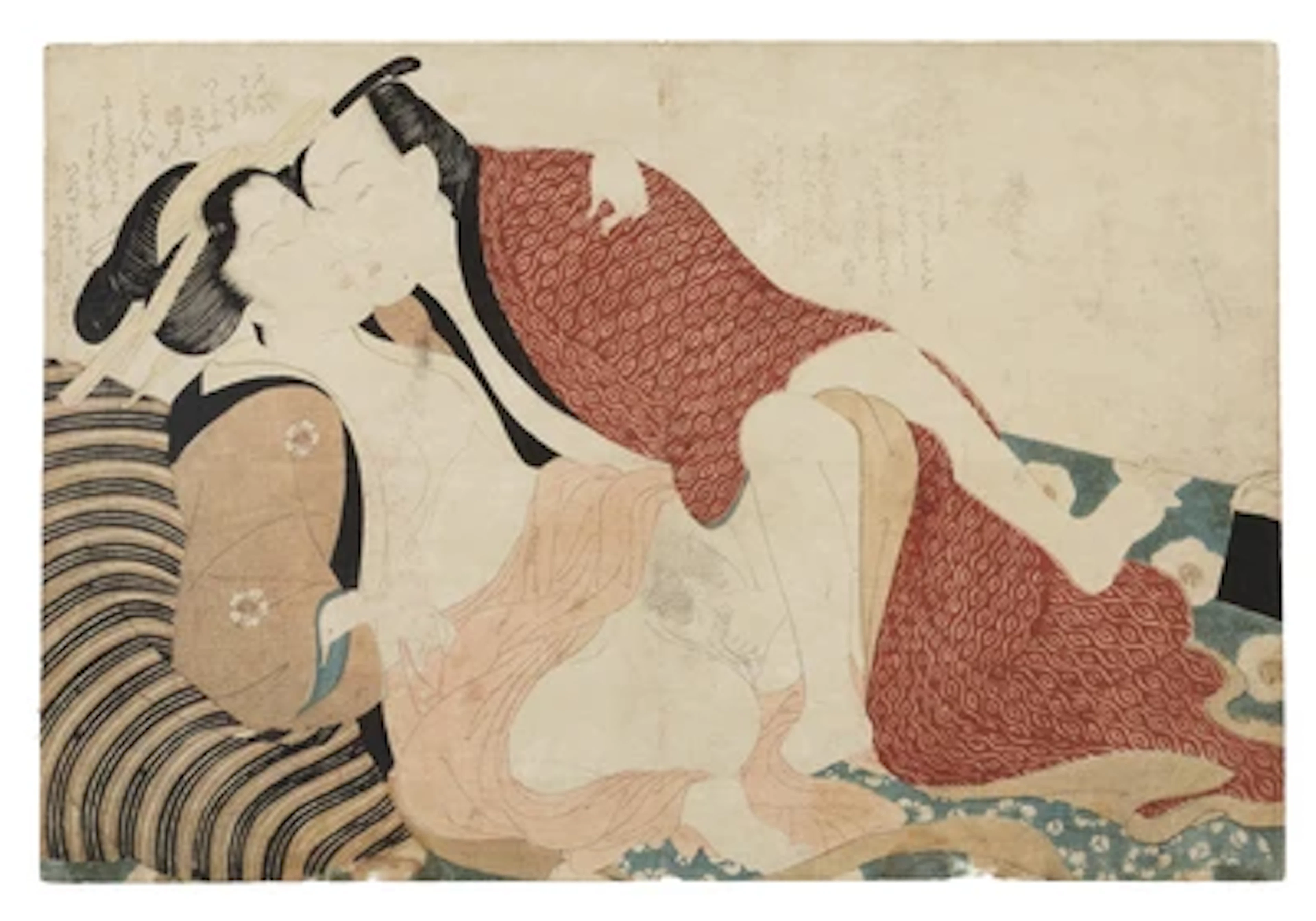 Katsushika Hokusai (1760- 1849) school, Shunga (erotic scene), kissing lovers