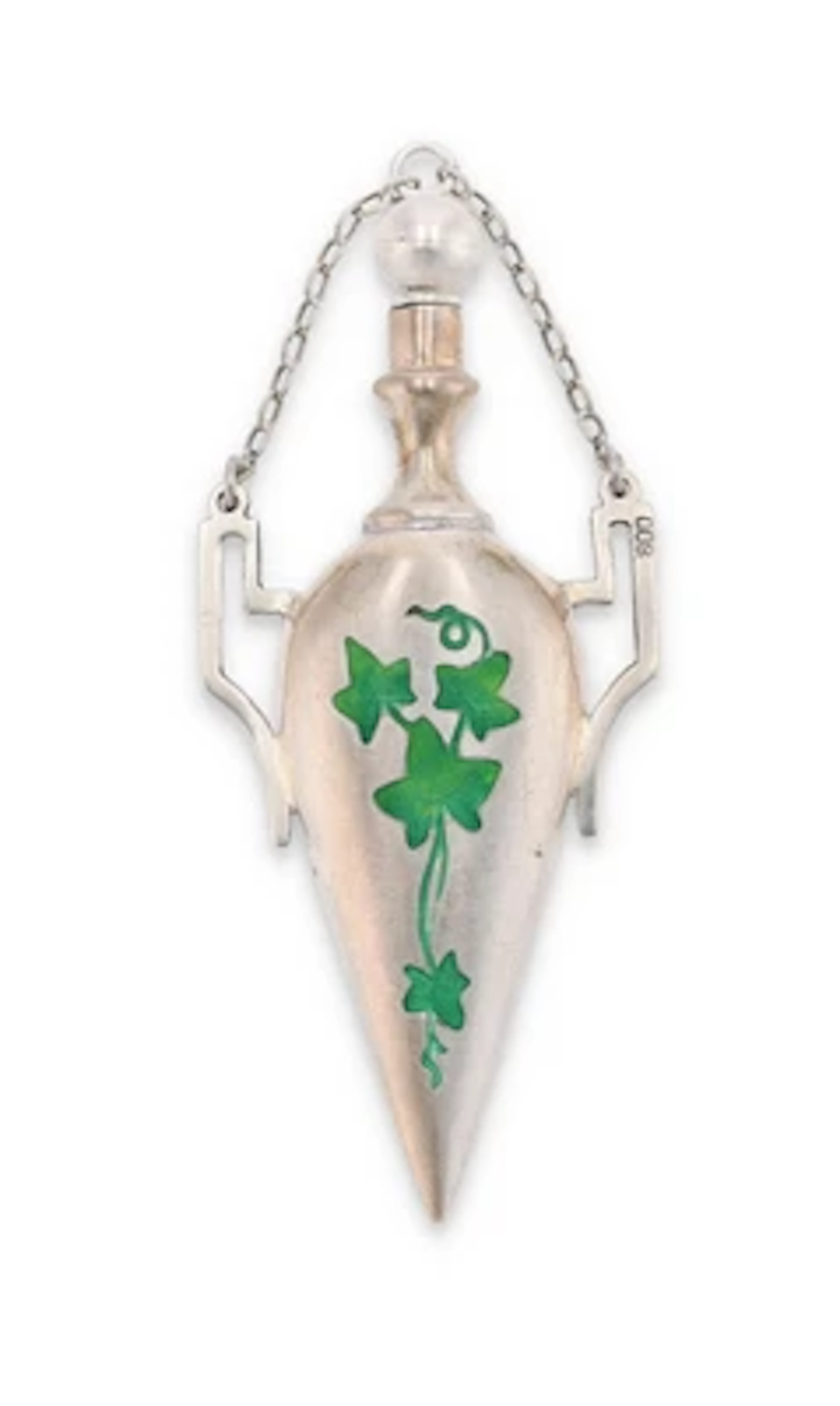 A silver-plated scent-bottle pendant with enamelled ivy decoration, c. 1900
