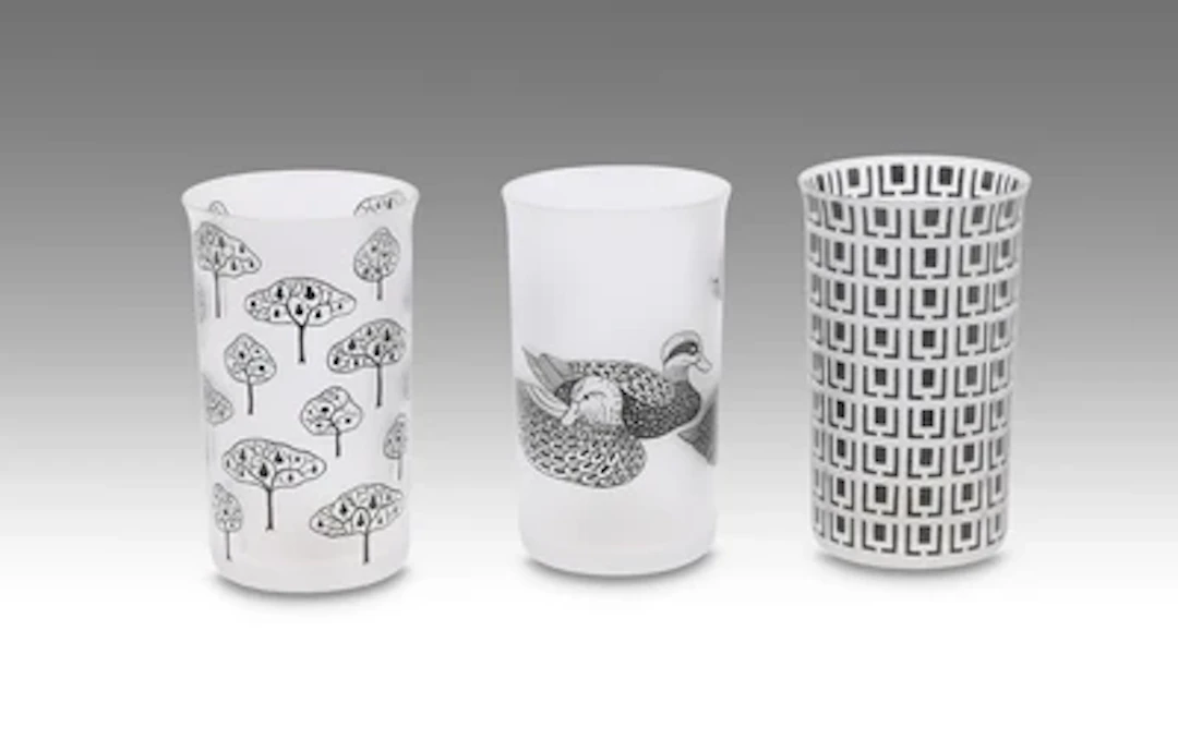 Three corningware cups: "Ducks", "Squares" and "Trees", form designed