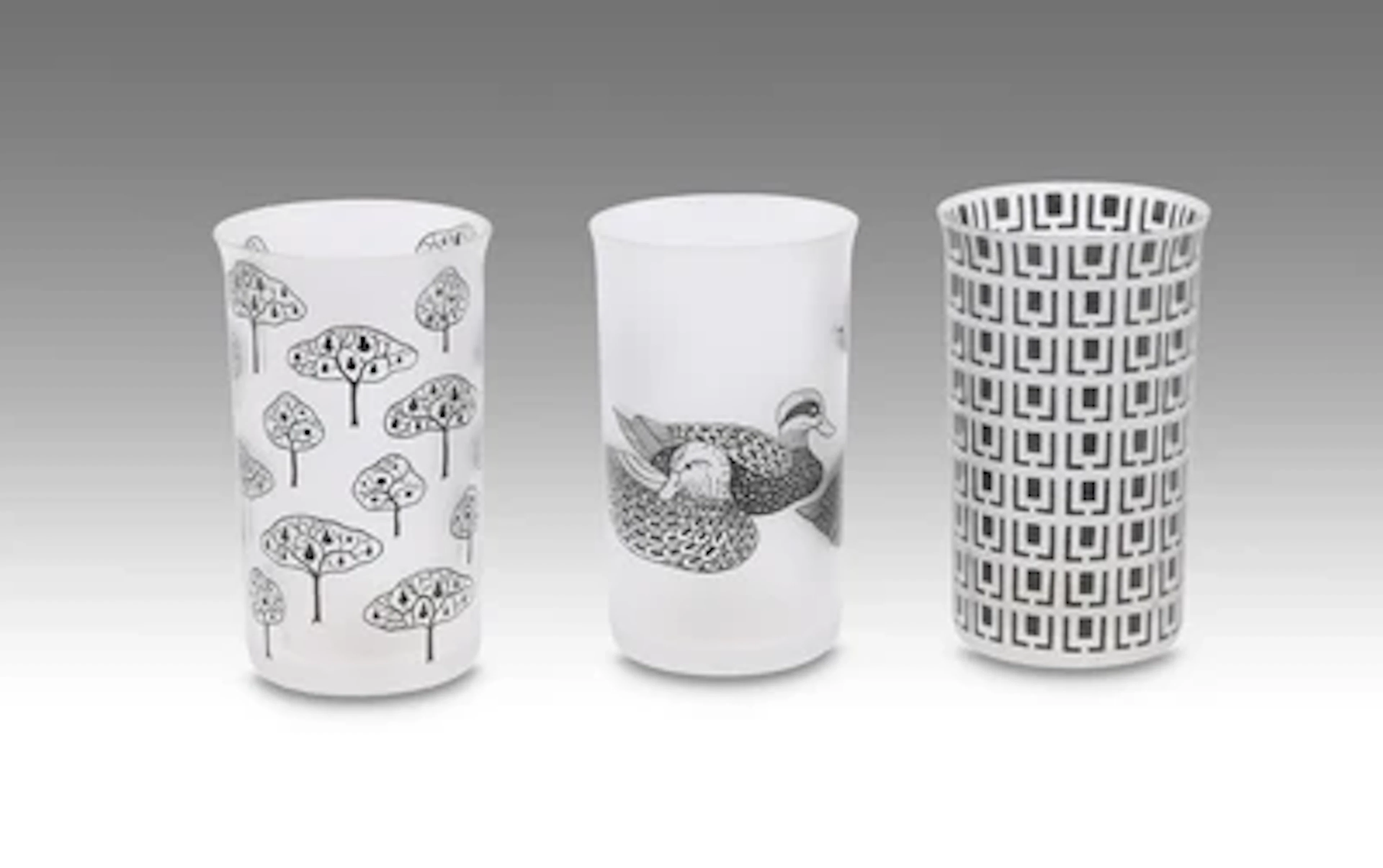 Three corningware cups: "Ducks", "Squares" and "Trees", form designed