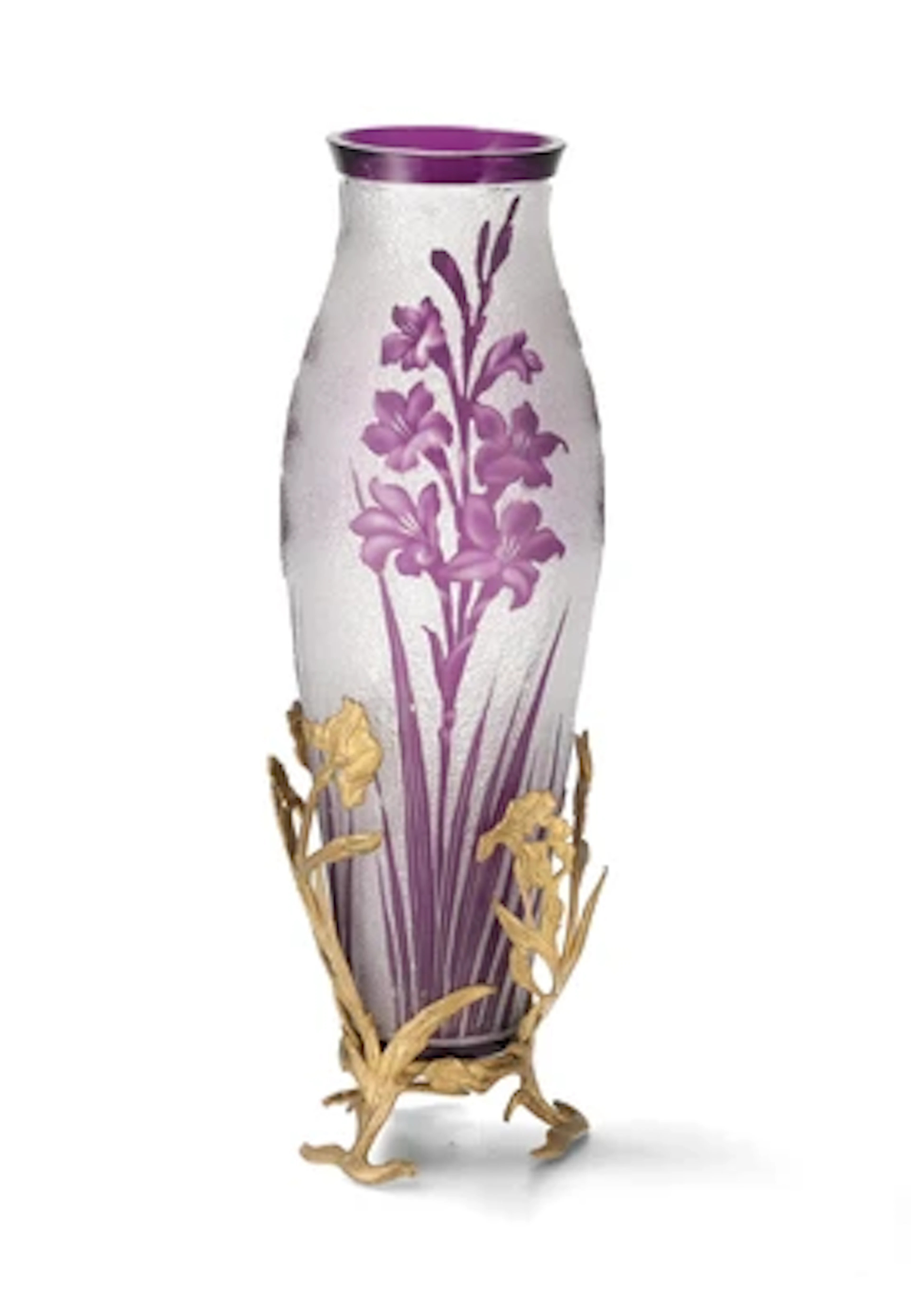 A vase with iris decoration and gilt bronze mount, Val St. Lambert, c. 1900/10