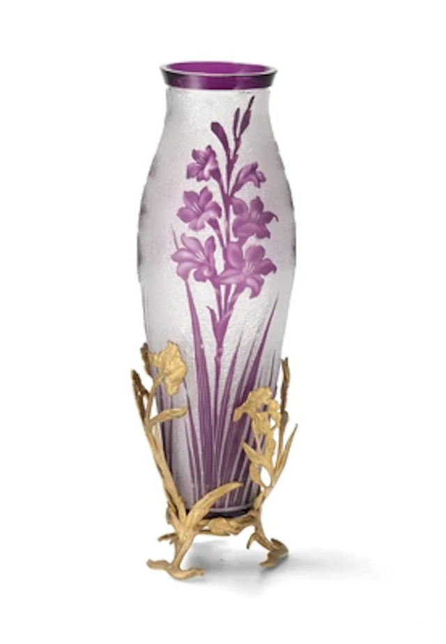A vase with iris decoration and gilt bronze mount, Val St. Lambert, c. 1900/10