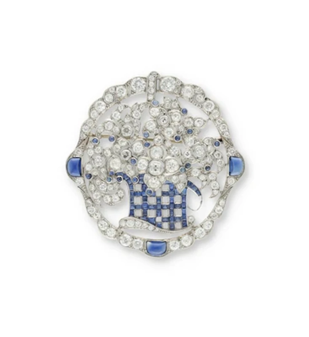 Altschliffdiamant Saphir Brosche "Blumenkorb"