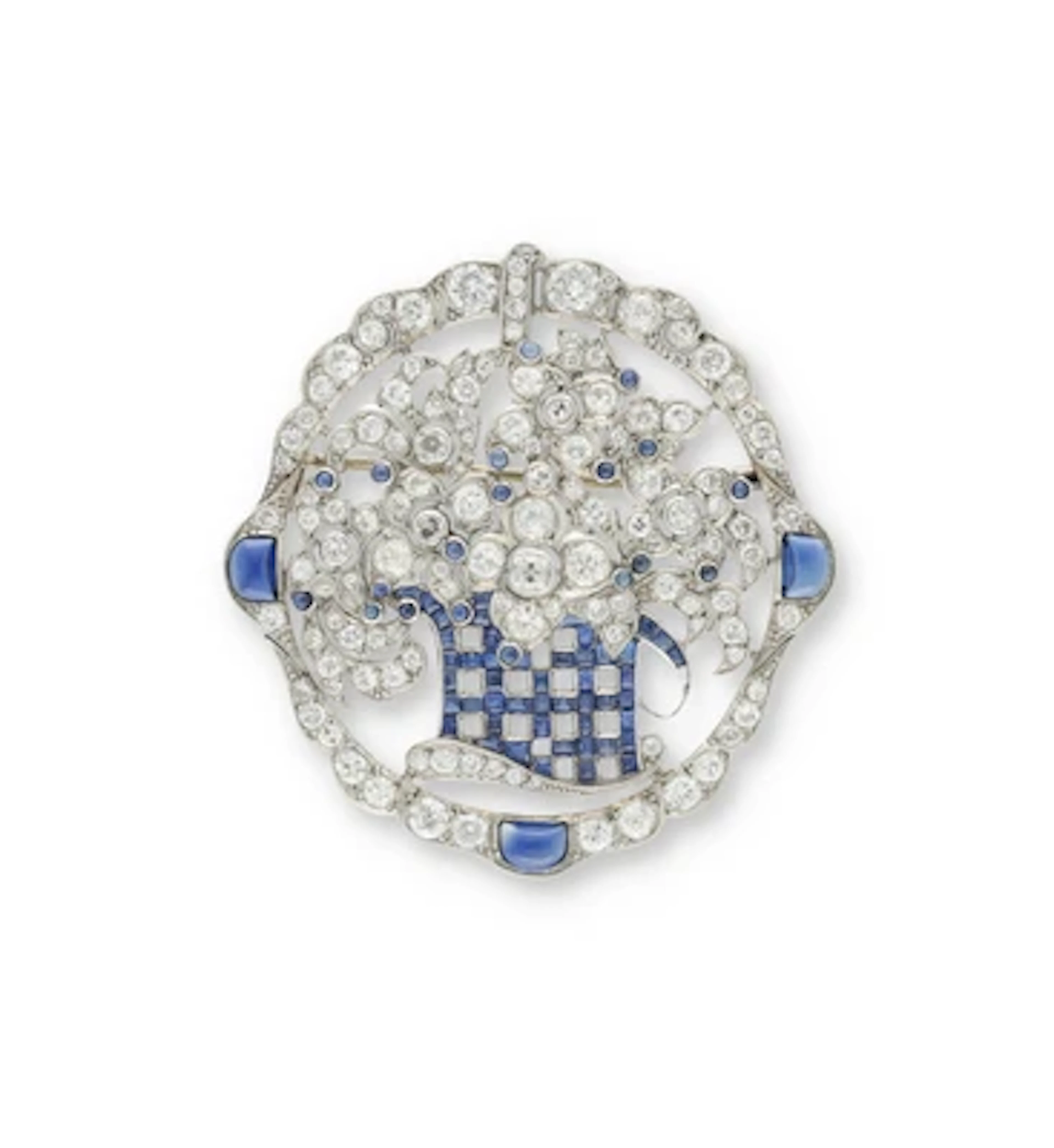Altschliffdiamant Saphir Brosche "Blumenkorb"