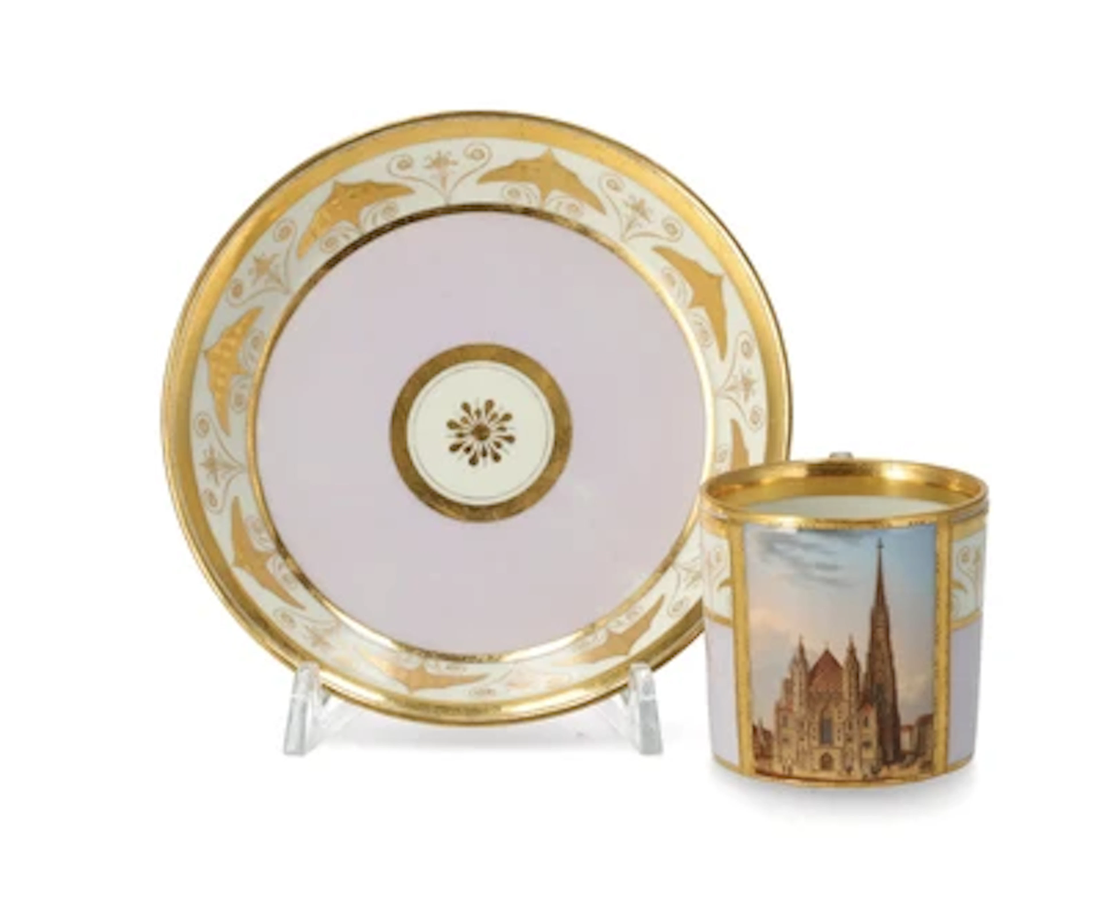 Anton Kothgasser Tasse „L‘Eglise Cathedrale de St. Etienne à Vienne“ und Untertasse, Kaiserliche Porzellanmanufaktur, Wien um 1800, Sorgenthal Periode
