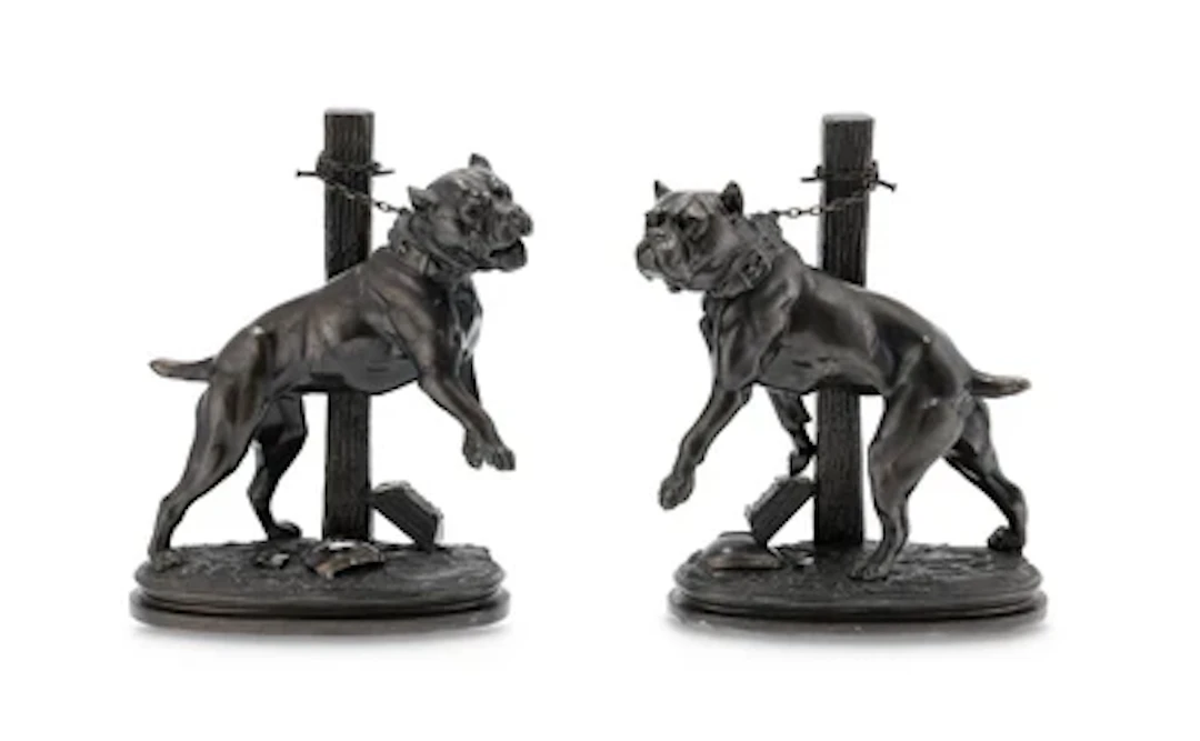 Prosper Lecourtier (1851-1925), two bulldogs on a leash, c. 1900