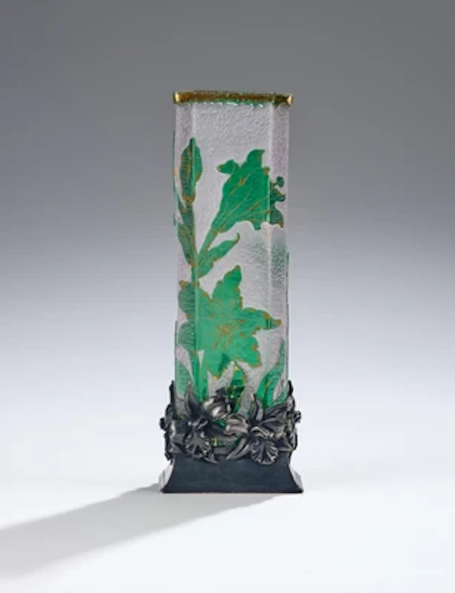 A vase with lily decor and matching silver mount Daum, Nancy, c. 1896