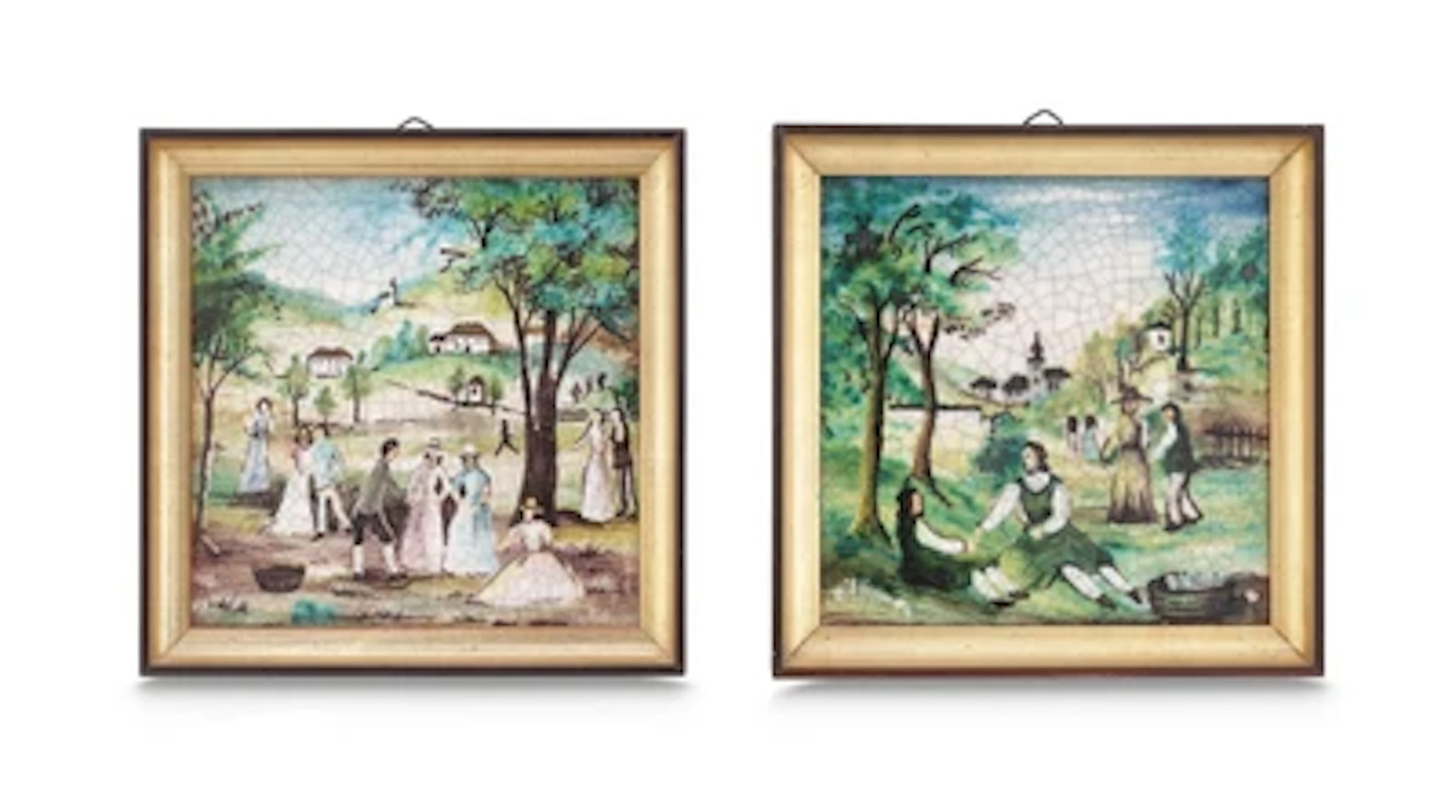 Two framed wall tiles with rural scenes, 'Peasant Life', design attributed