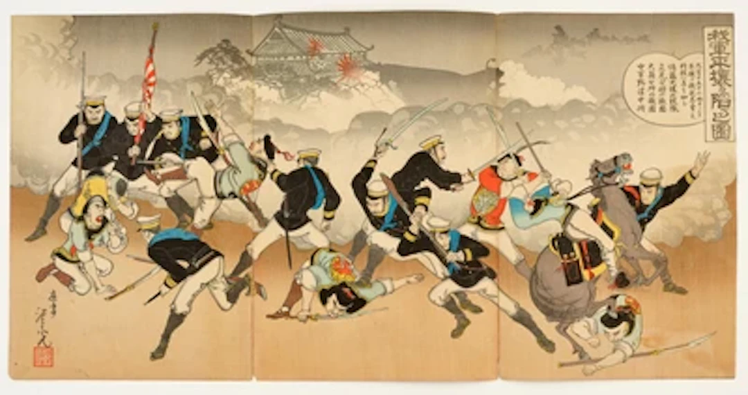 Kobayashi Toshimitsu (akt. 1876-1904) Triptych, Waga gun Heijo o otoshiieru