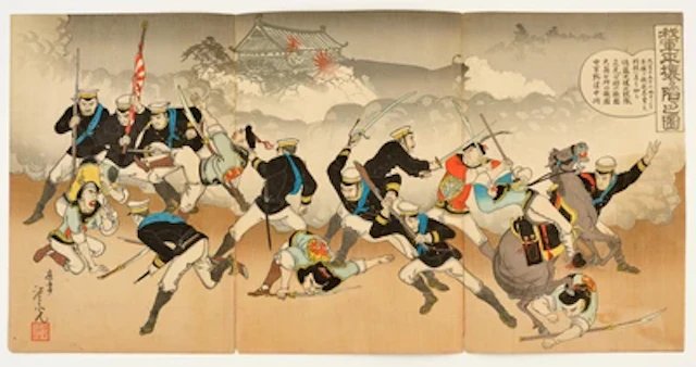 Kobayashi Toshimitsu (akt. 1876-1904) Triptych, Waga gun Heijo o otoshiieru