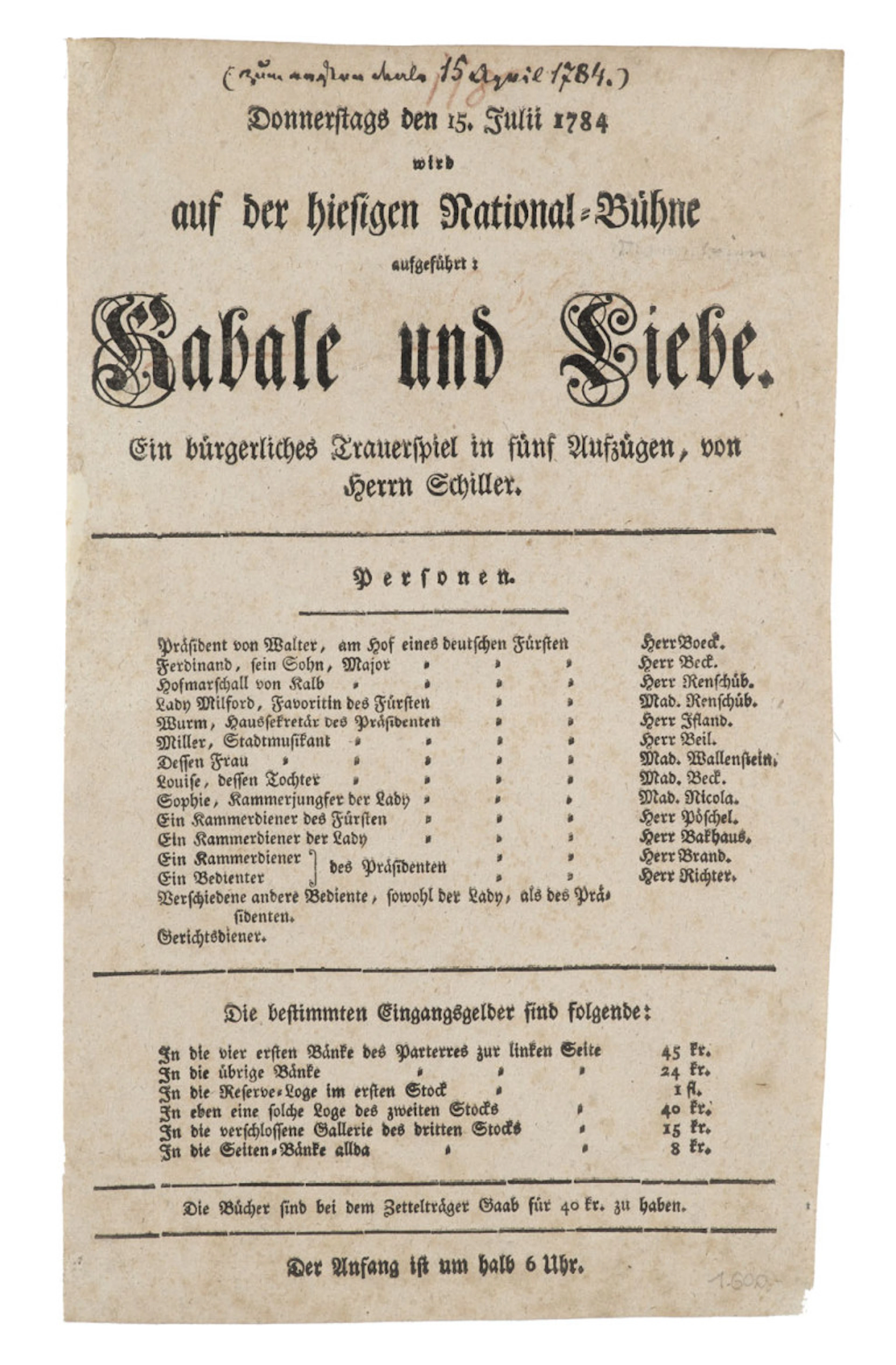 Friedrich Schiller. Donnerstag den 15. Juli 1784 …