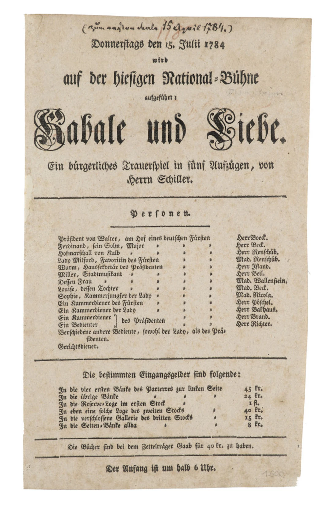 Friedrich Schiller. Donnerstag den 15. Juli 1784 …