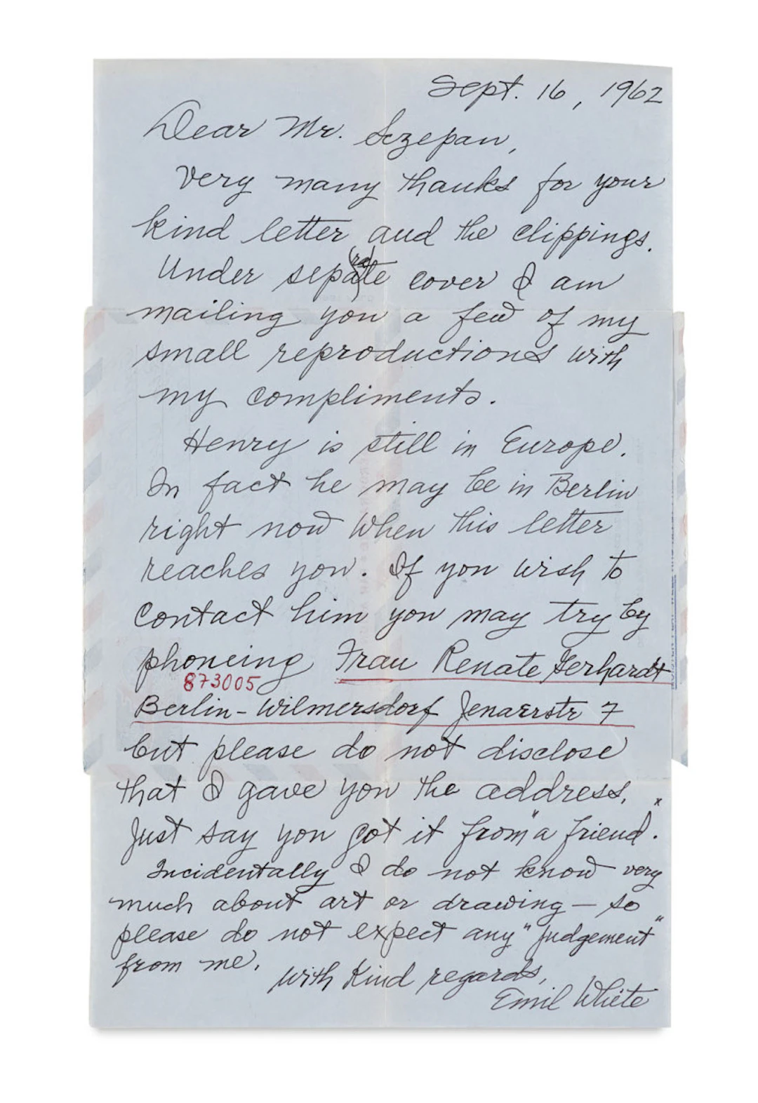 Emil White. Brief von Emil White and …