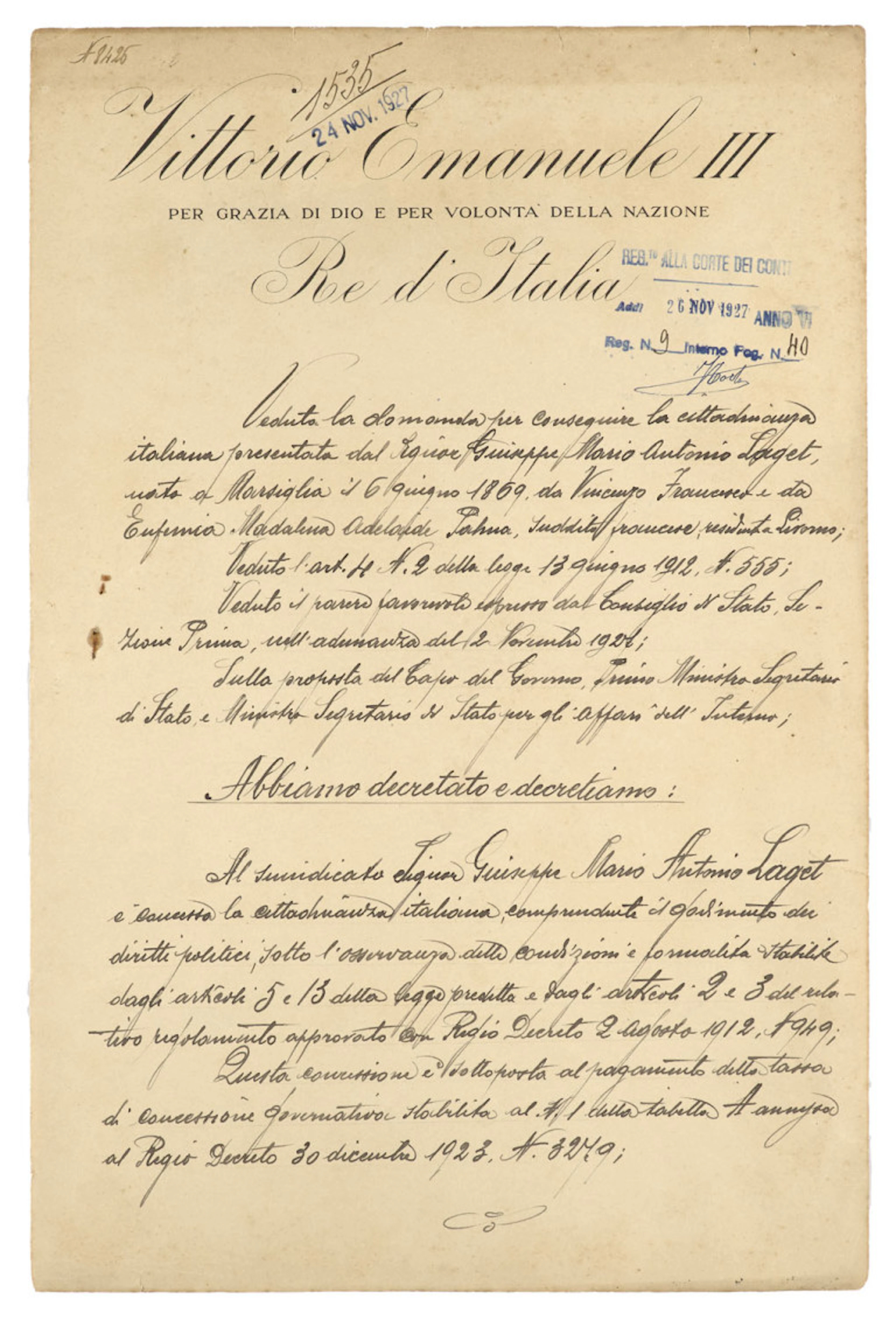 König Vittorio Emanuele III. Handschriftliches Dekret zur …