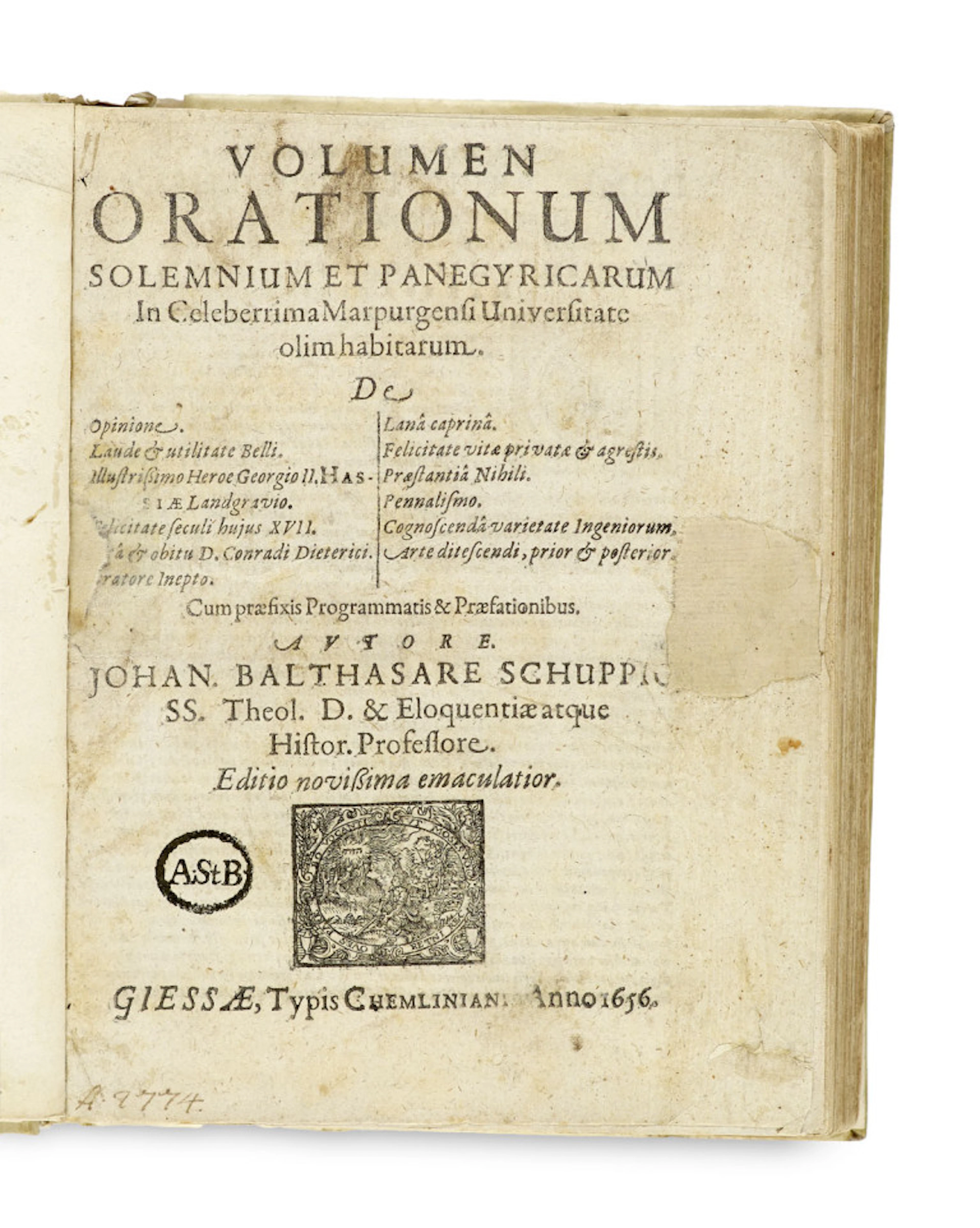 Johann Balthasar Schupp. Volumen Orationum Solemnium …