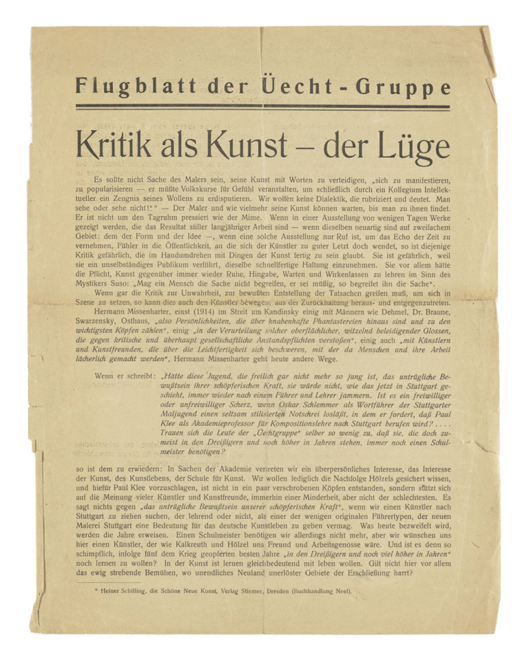 Oskar Schlemmer. Flugblatt der Üecht-Gruppe. …
