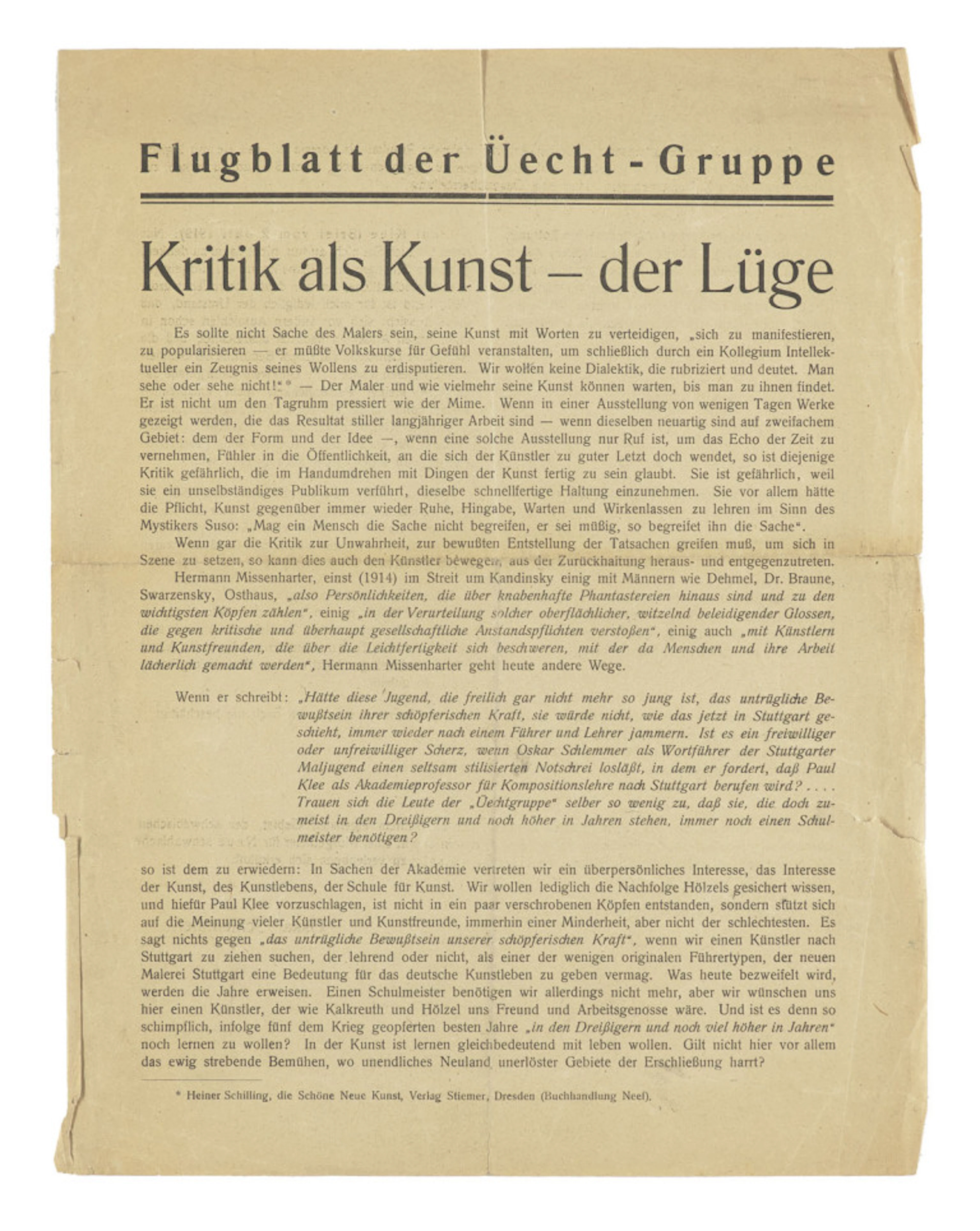 Oskar Schlemmer. Flugblatt der Üecht-Gruppe. …