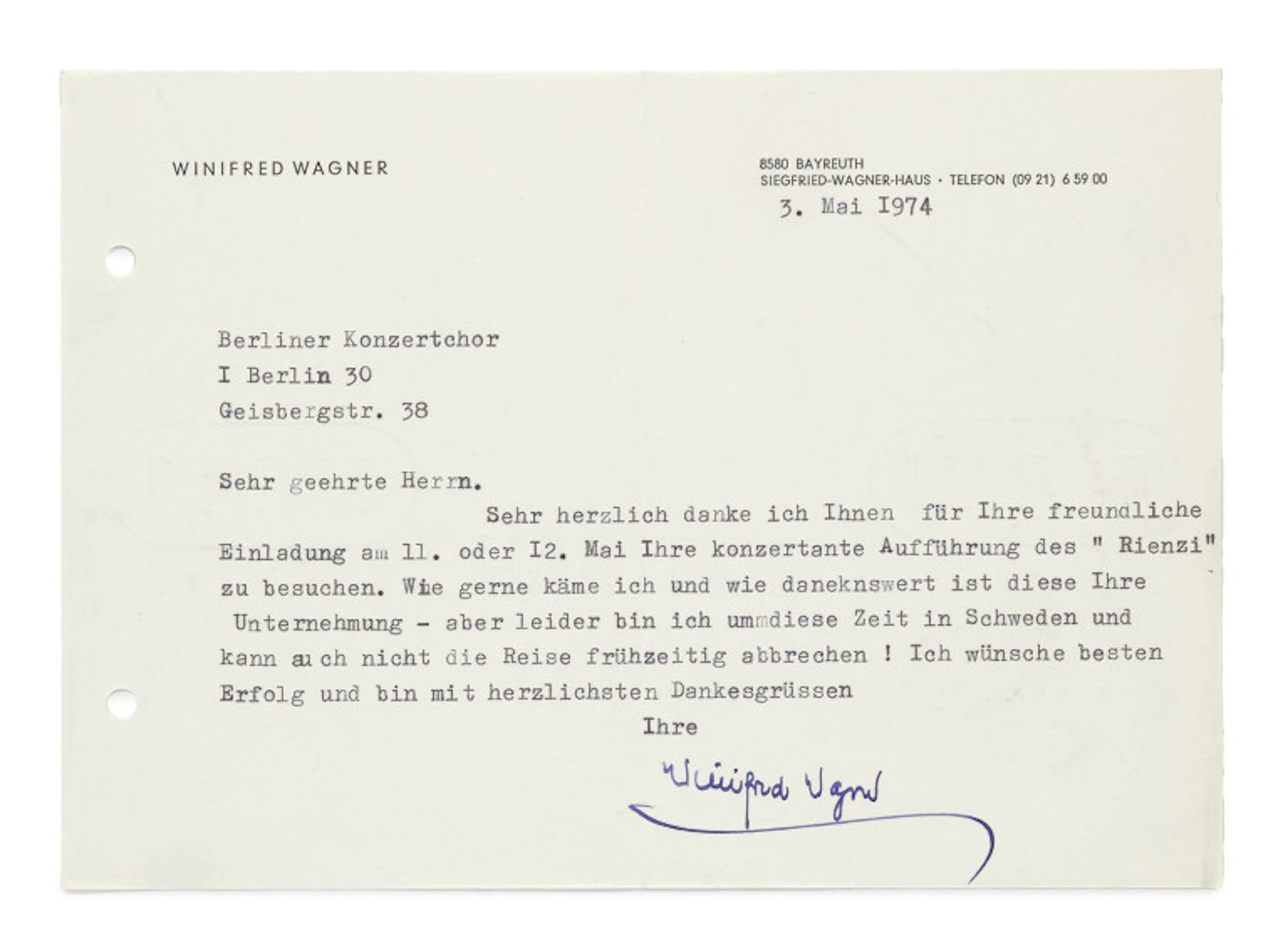 Winifred Wagner. Maschinenschriftlicher Brief …