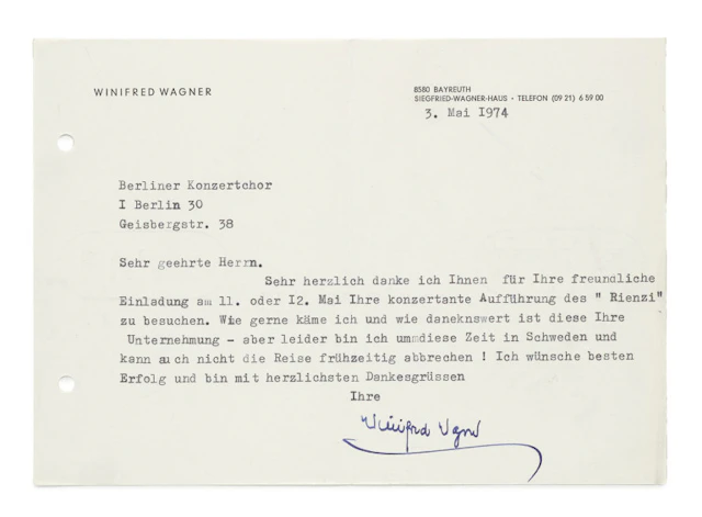 Winifred Wagner. Maschinenschriftlicher Brief …