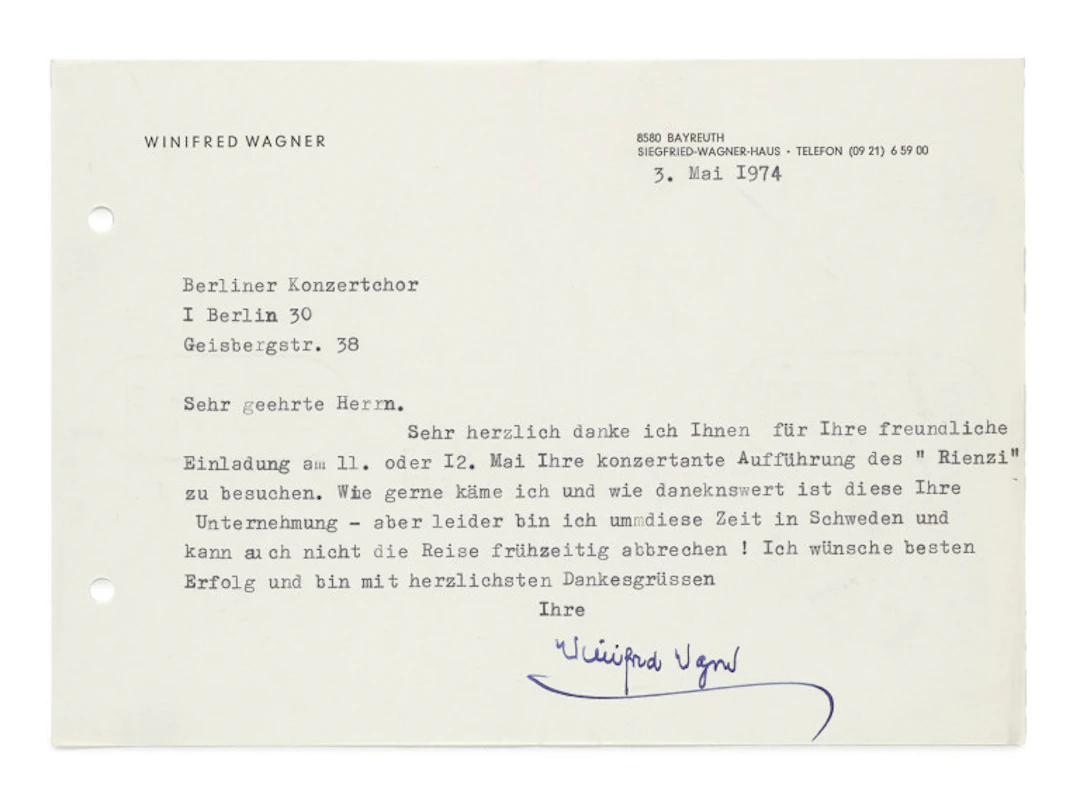 Winifred Wagner. Maschinenschriftlicher Brief …