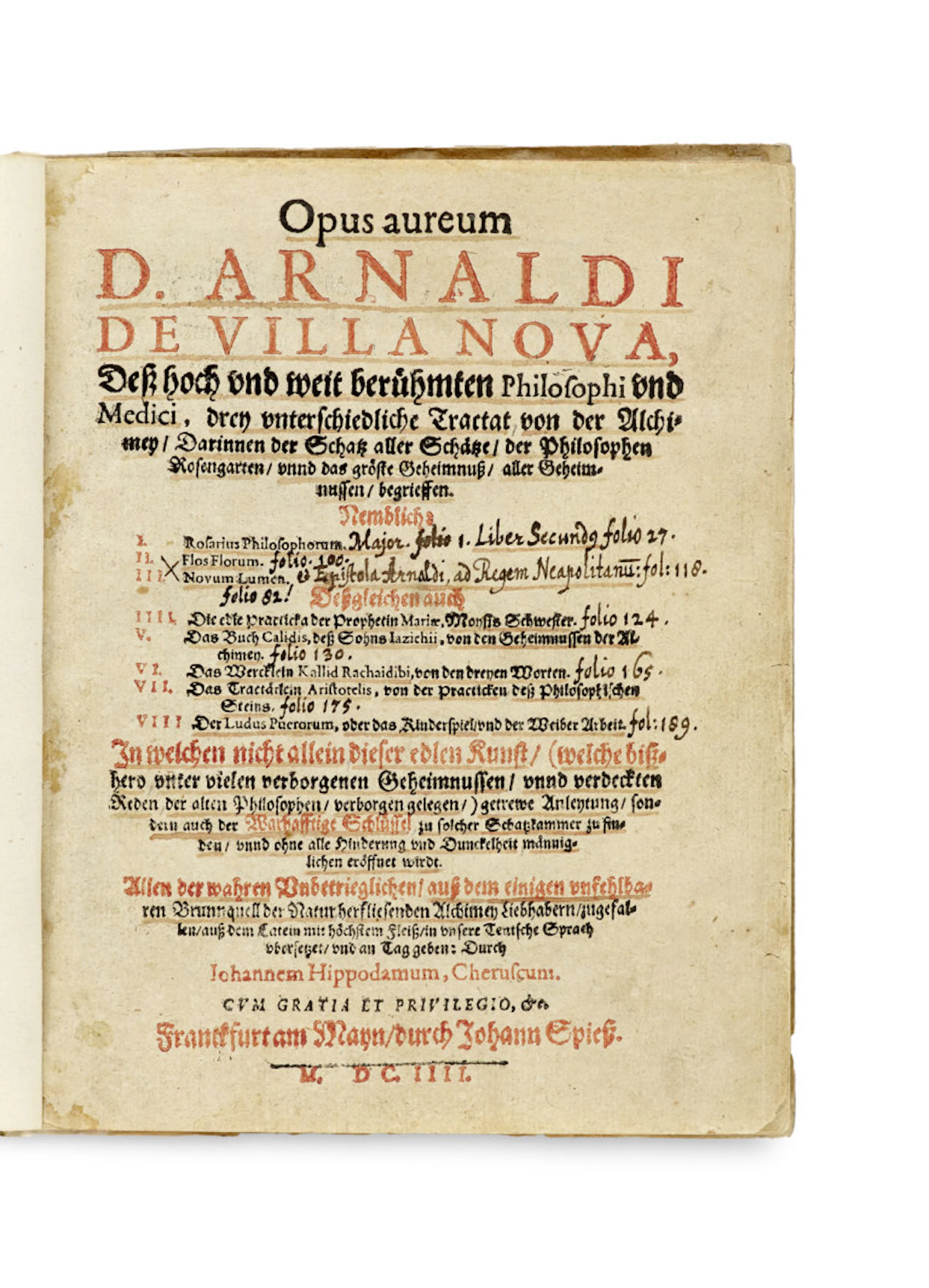 Arnaldus von Villa Nova. Opus aureum D. Arnaldi De …