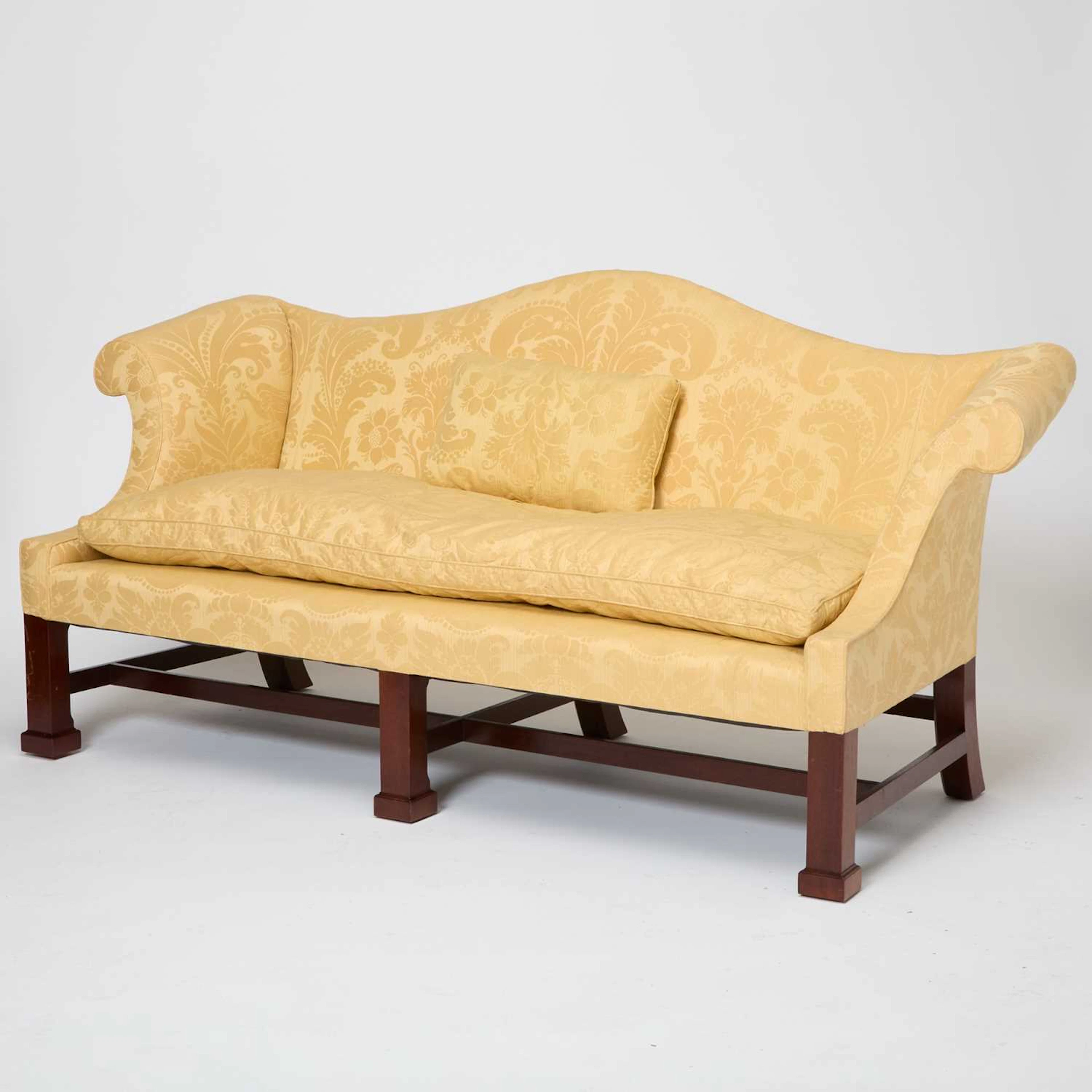 Chippendale Style Linen Upholstered Mahogany Sofa
