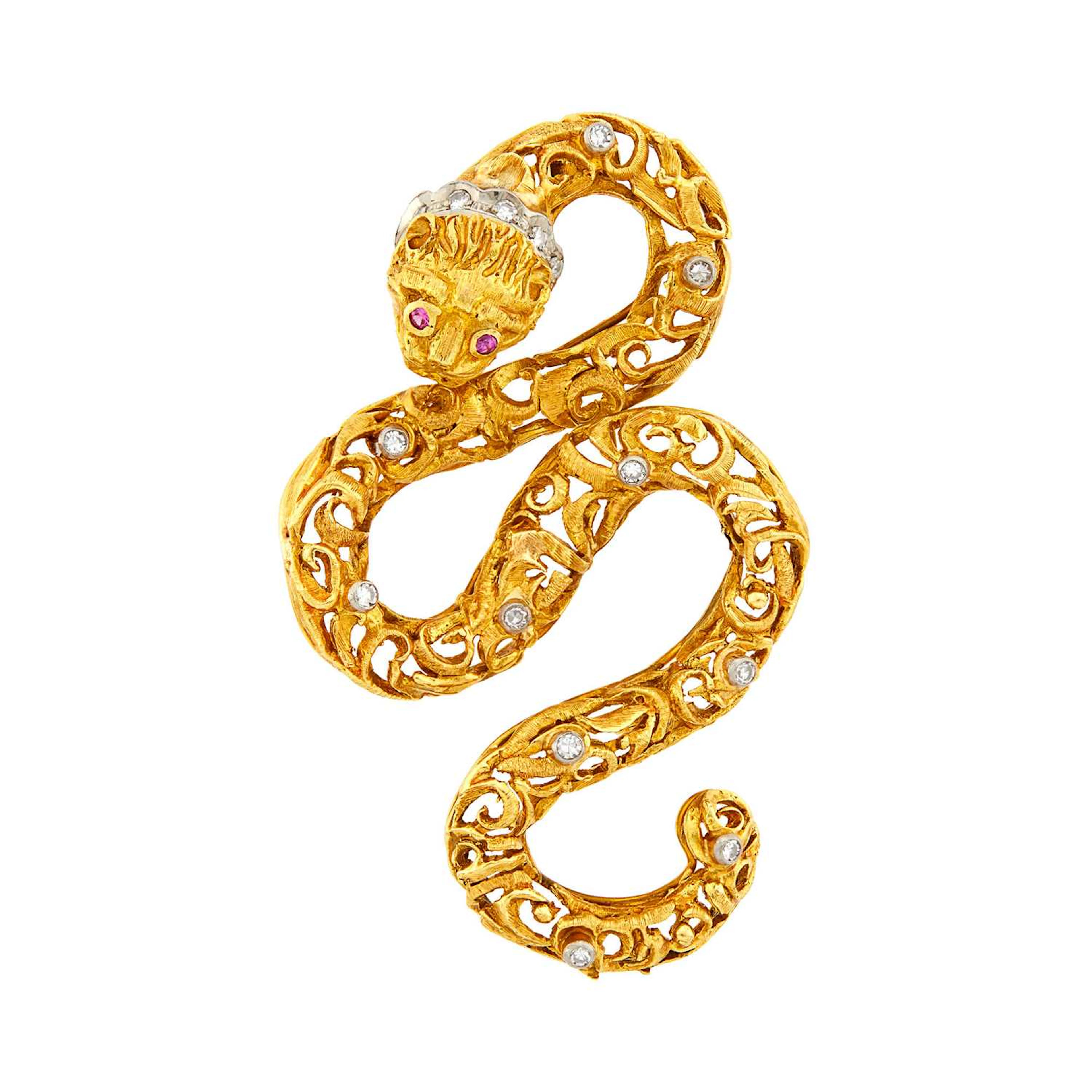 Ilias Lalaounis Two-Color Gold, Diamond and Ruby Coiled Chimera Brooch
