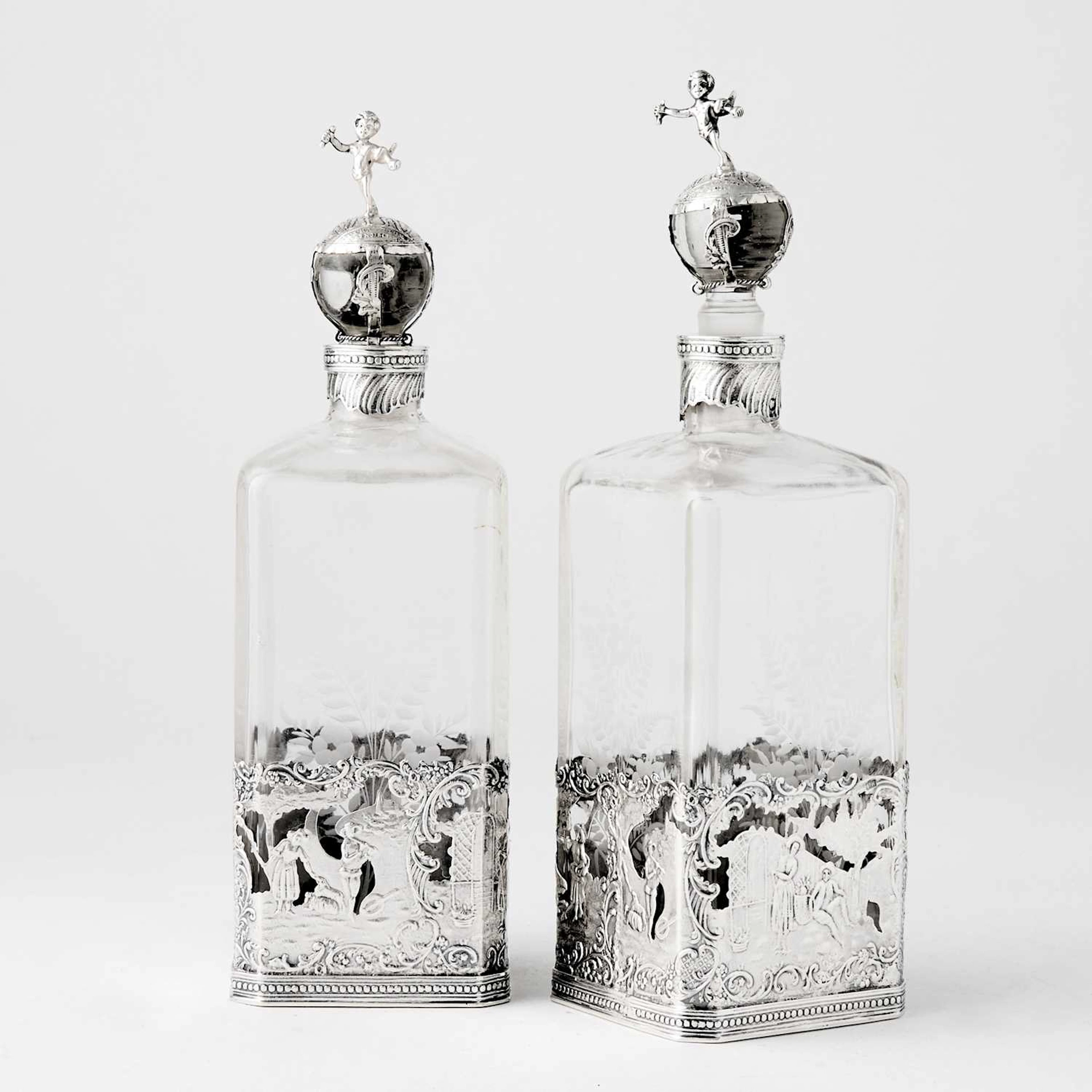 Pair of Dutch Silver Mounted Etched Glass Decanters