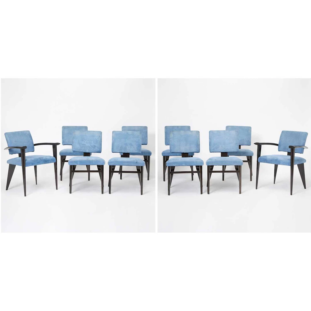 Set of Ten Giorgio Saporiti Upholstered Dark Stained Wood Dining Chairs