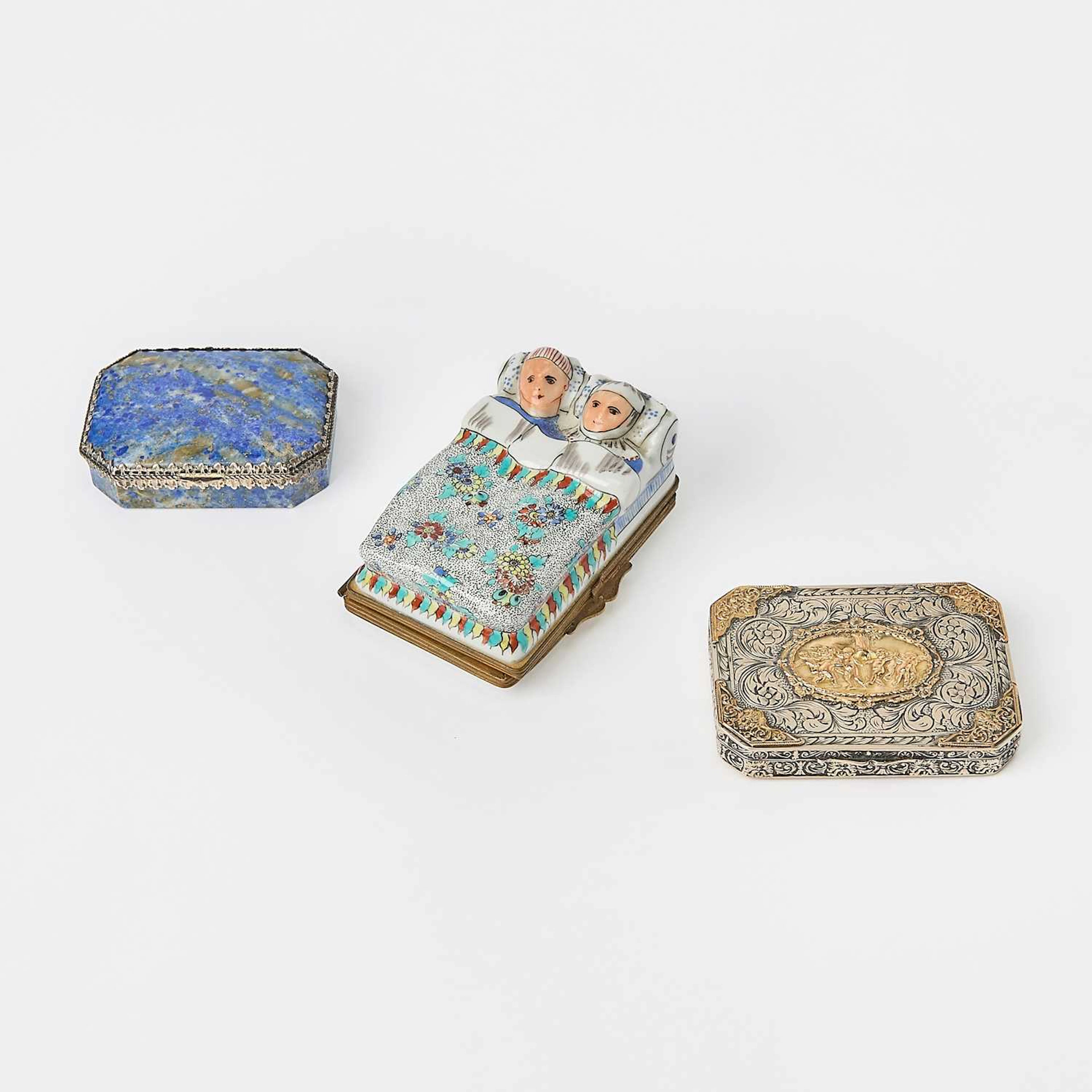Group of Three Hardstone, Silver and Porcelain Snuff Boxes