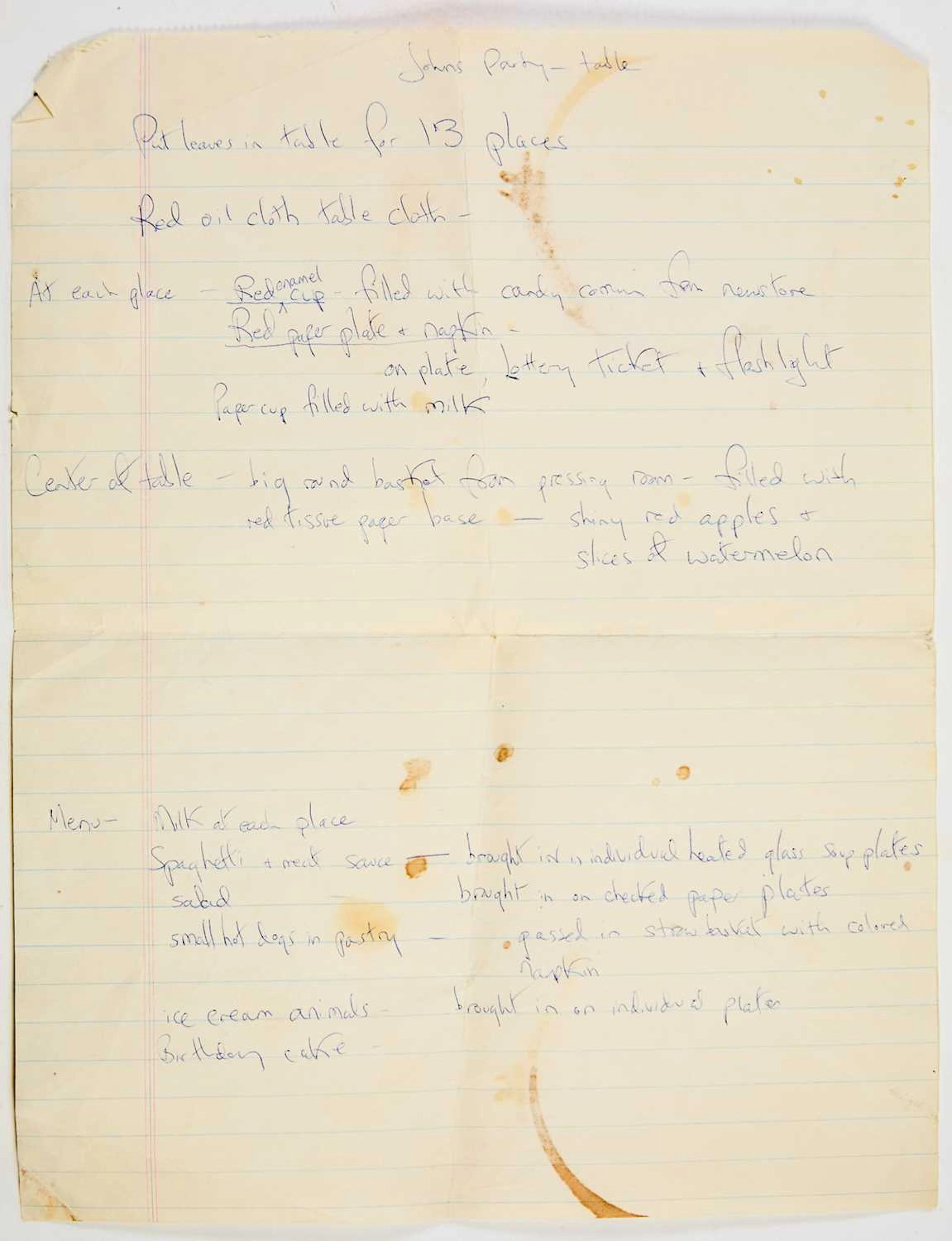 A 1960s note from Jacqueline Kennedy about John Jr.'s birthday party