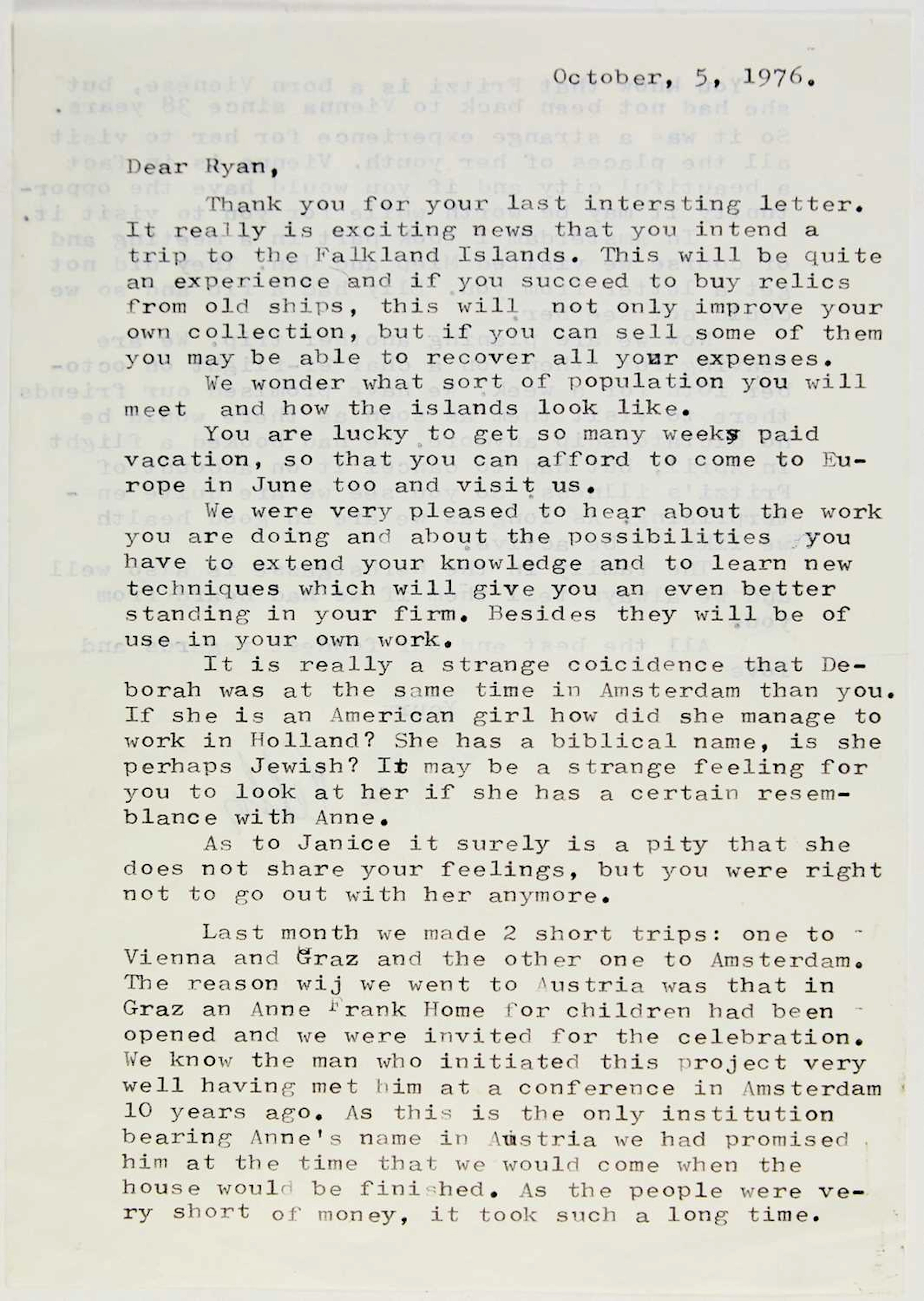 A letter from Otto Frank with mention of his daughter Anne