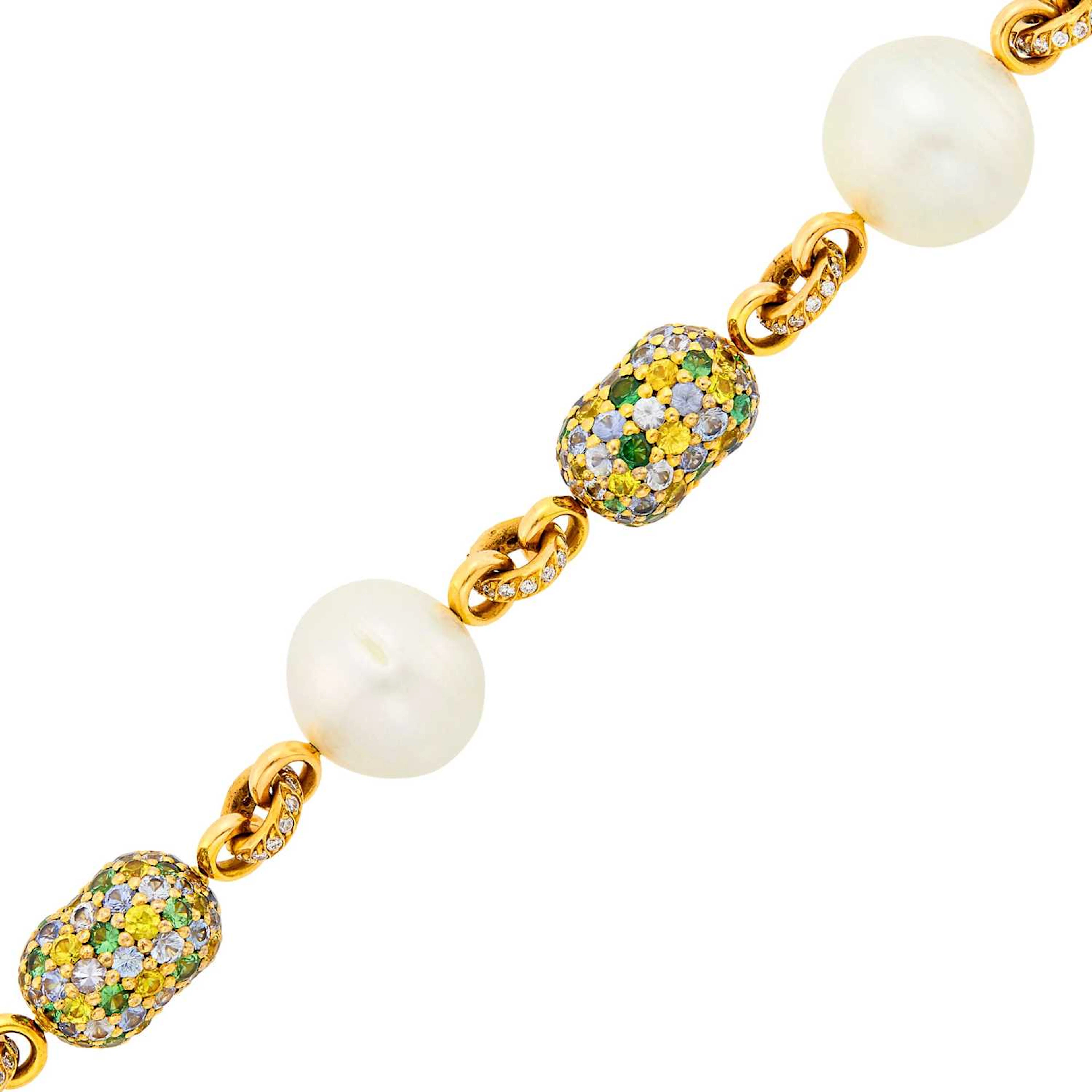 Gold, Semi-Baroque South Sea Cultured Pearl and Gem-Set Bracelet with