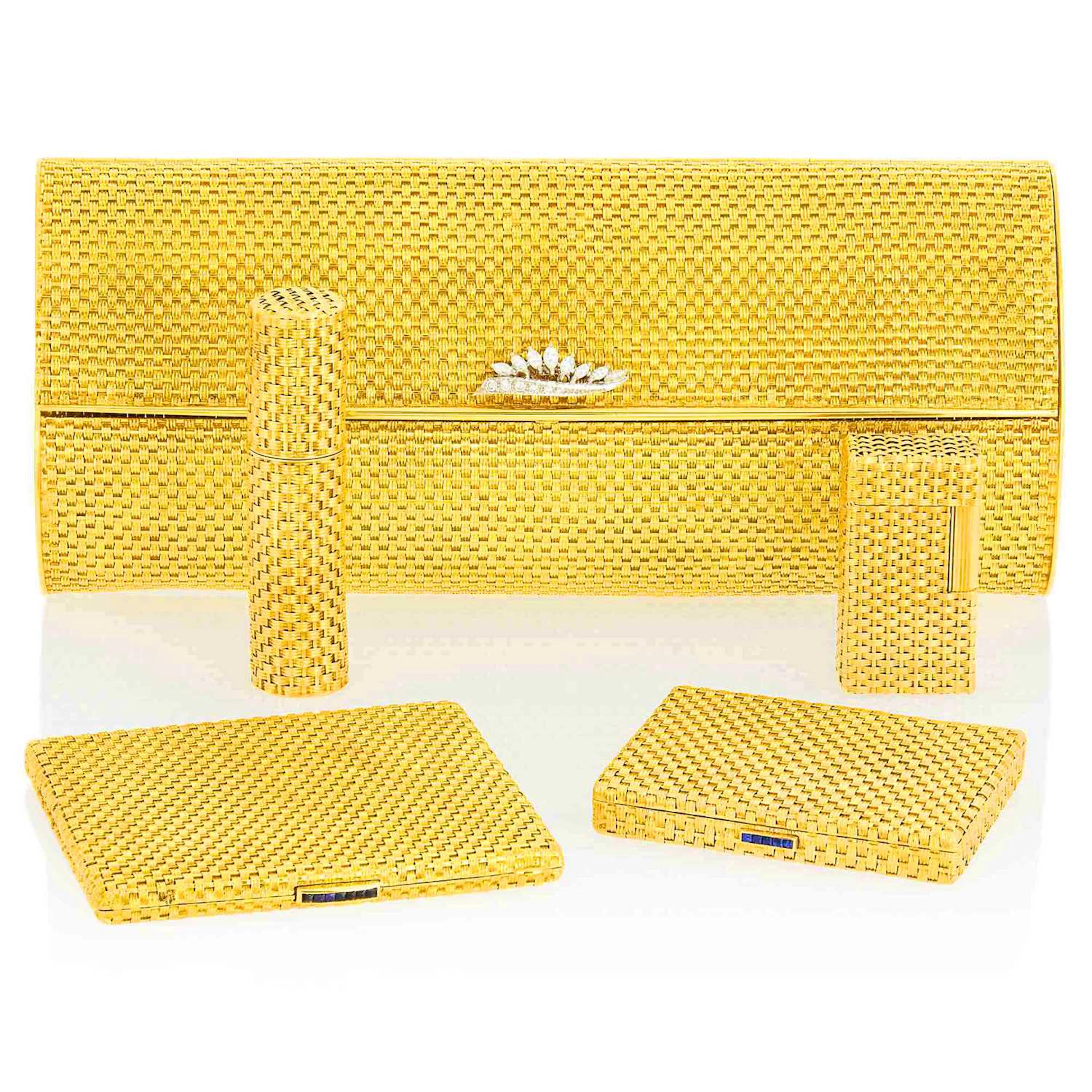 Two-Color Woven Gold Mesh and Diamond Clutch, Gold and Sapphire Cigarette