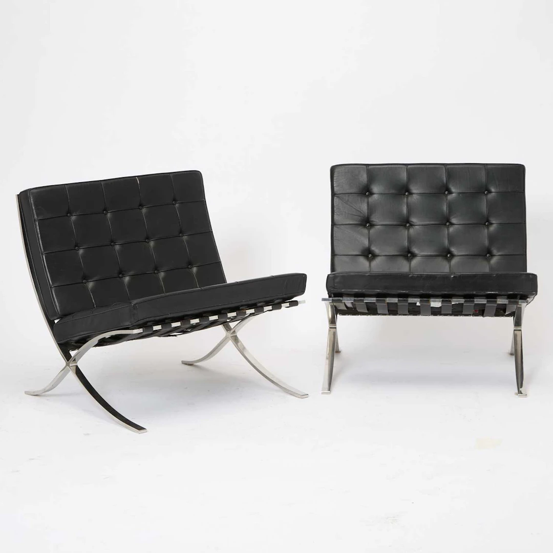 Pair Mies van der Rohe Leather and Steel “Barcelona” Chairs