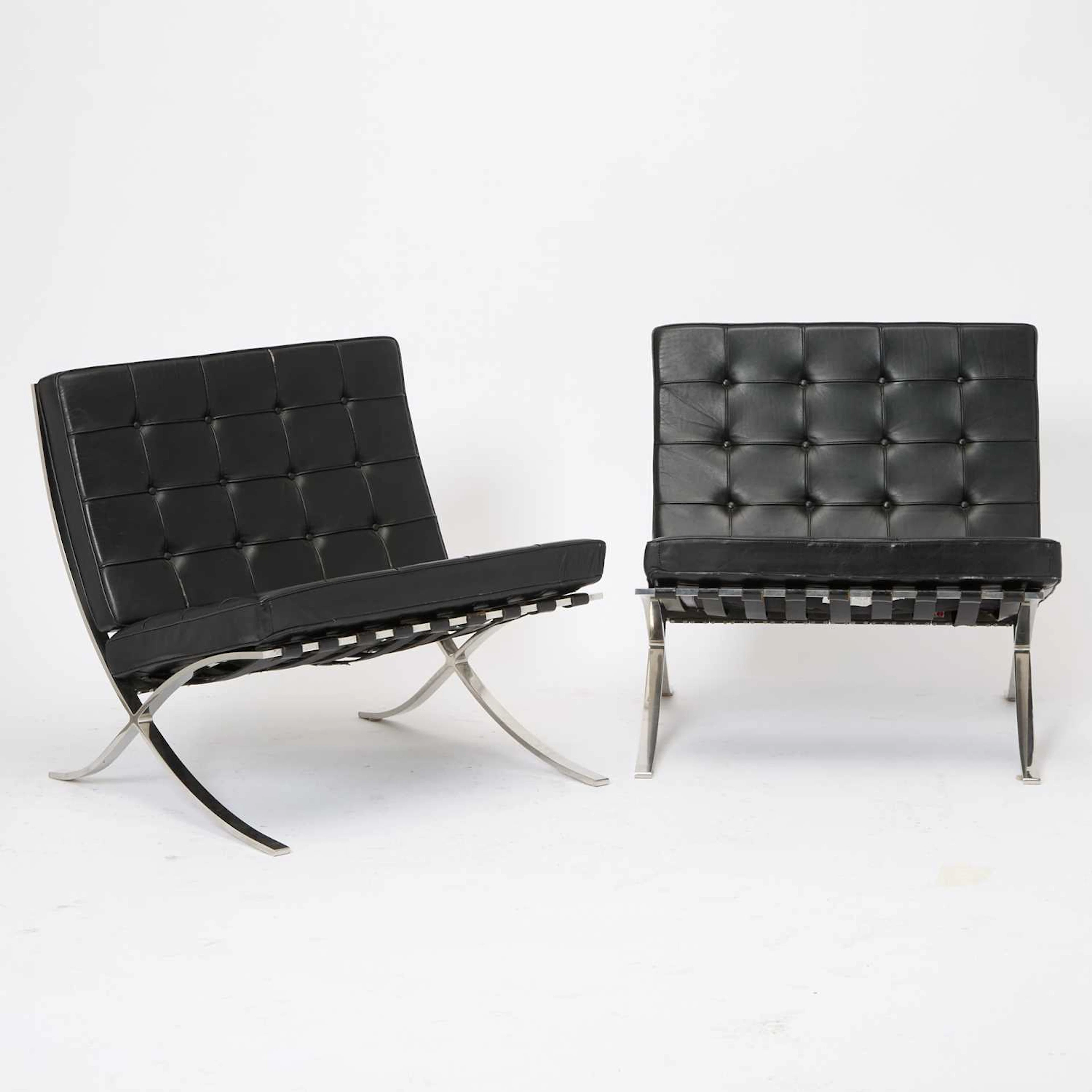 Pair Mies van der Rohe Leather and Steel “Barcelona” Chairs