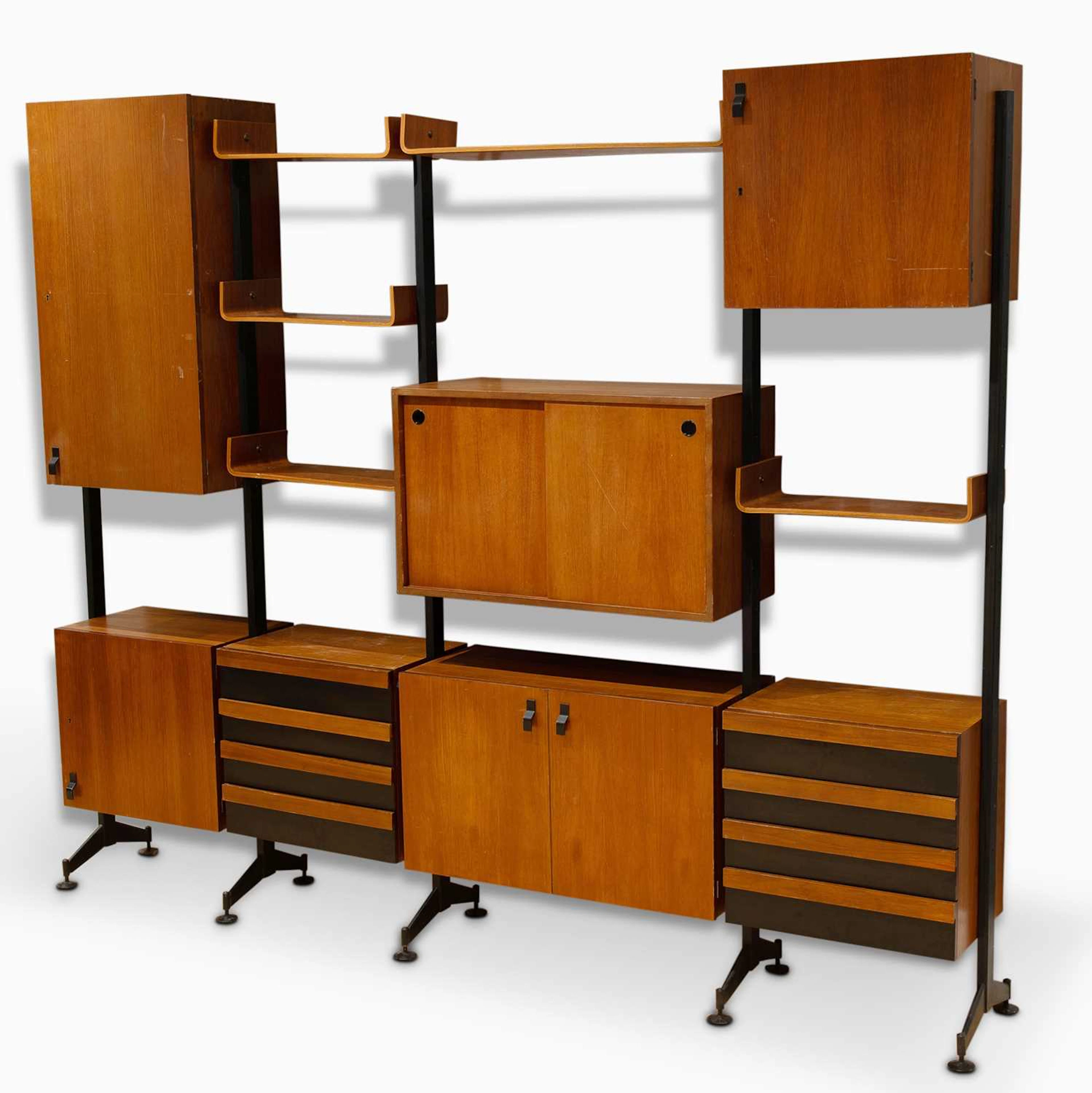 Italian Mahogany and Metal Modular Wall Unit