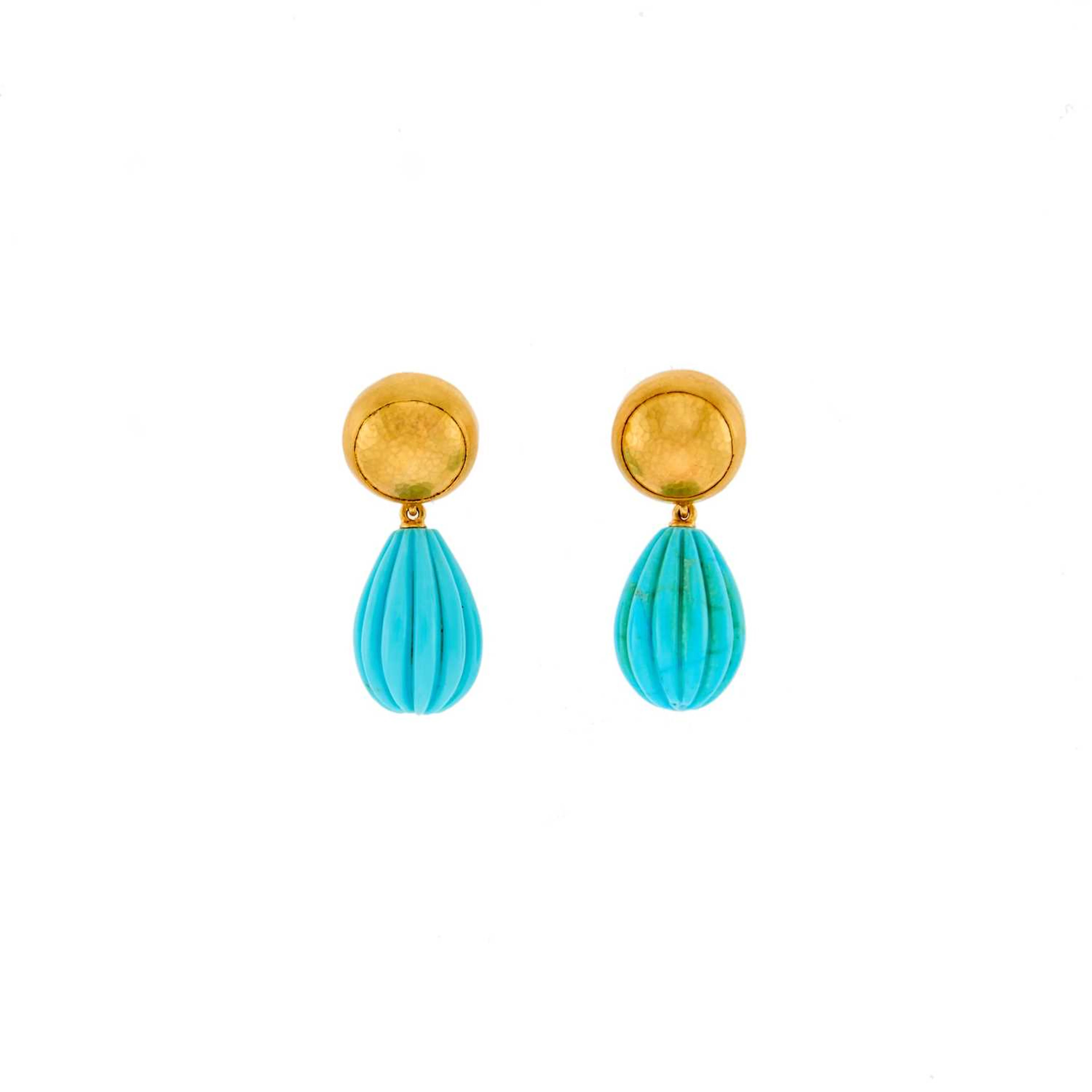 Gurhan Pair of High Karat Gold and Turquoise Pendant-Earrings