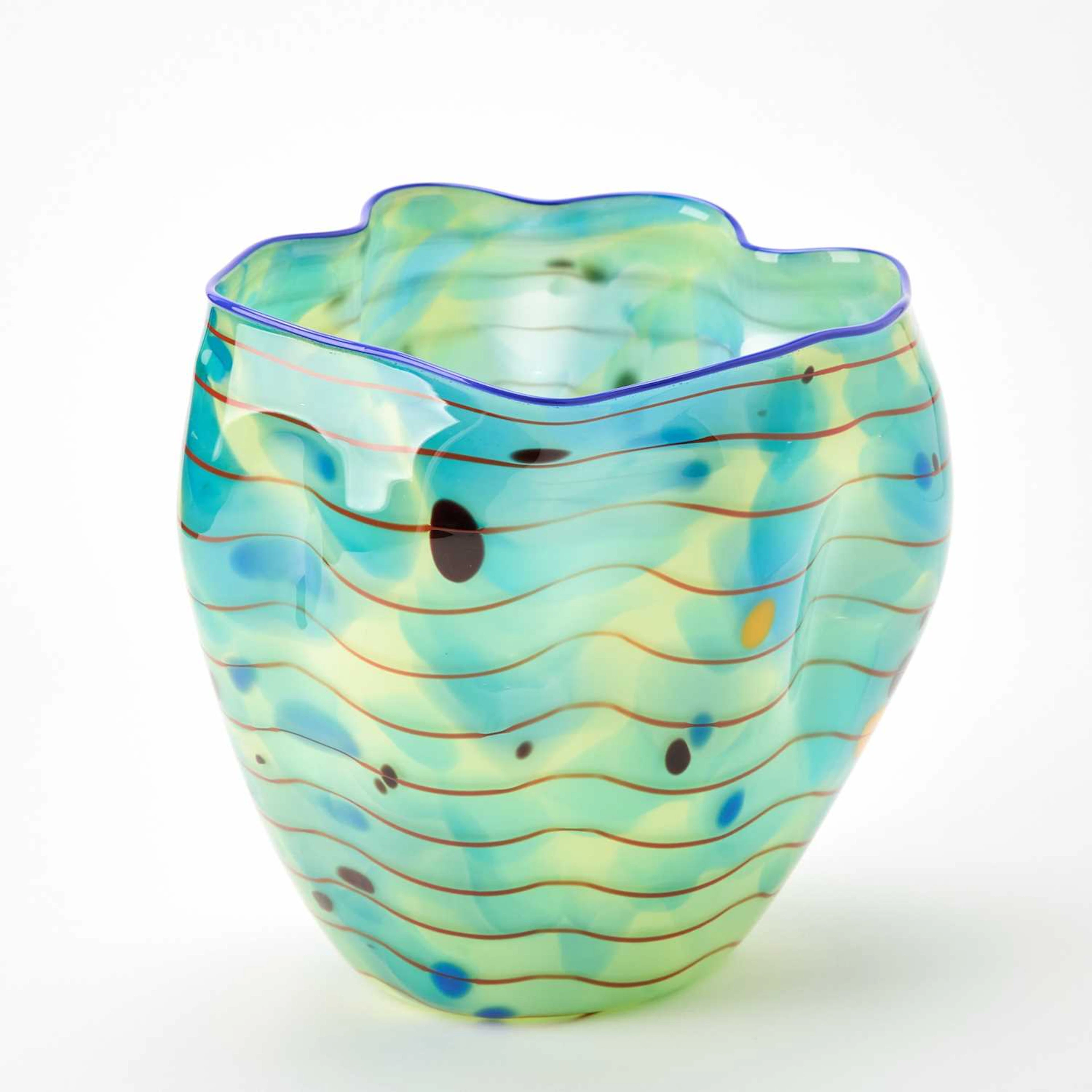 Dale Chihuly Hand-Blown Glass "Ocean" Macchia Basket With Blue Lip Wrap